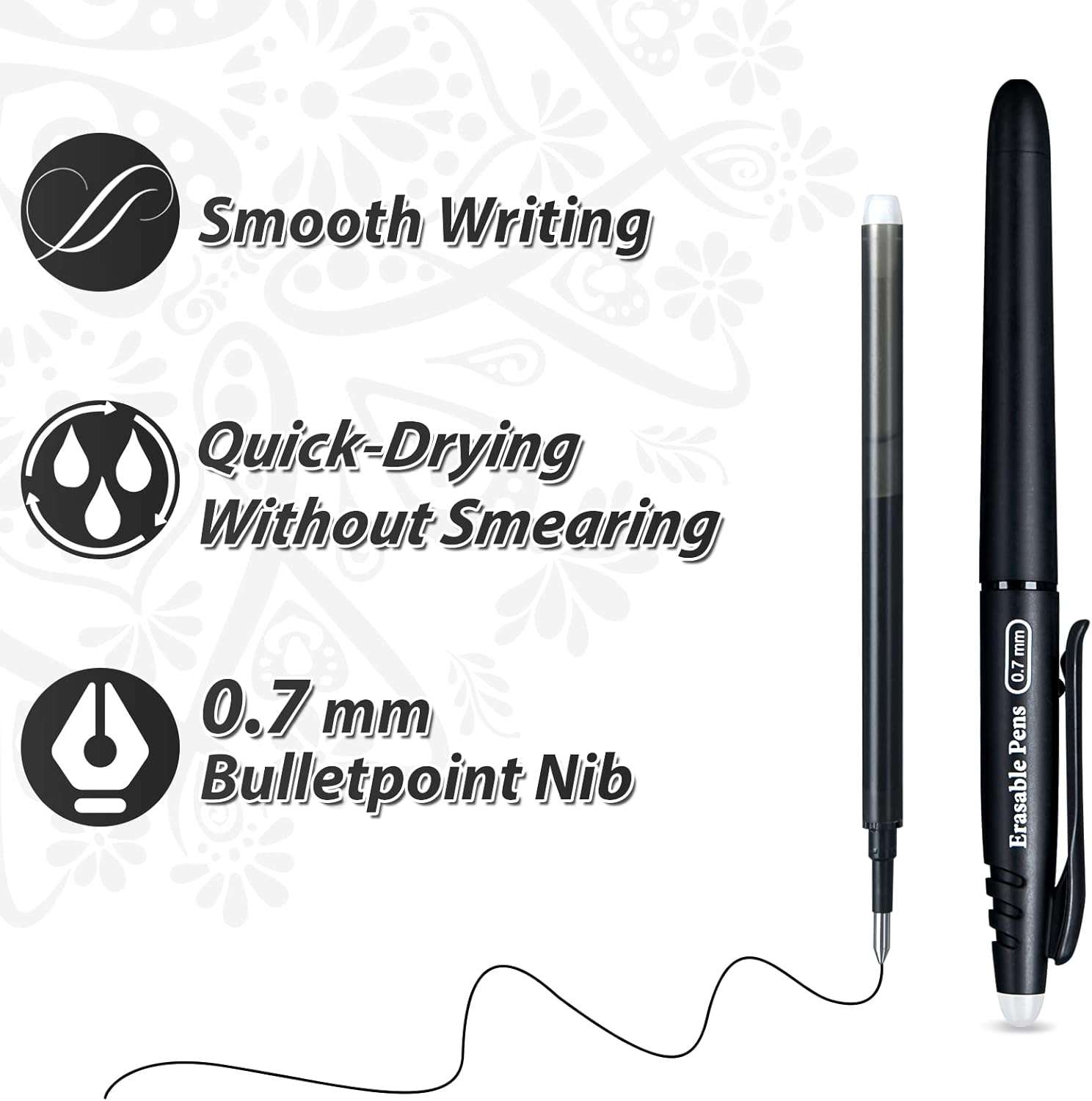 Uitwisbare balpen, uitwisbaar, 8 zwarte uitwisbare rollers, 0,7 mm balpen, uitwisbare pennen, gumstift, balpen met gum
