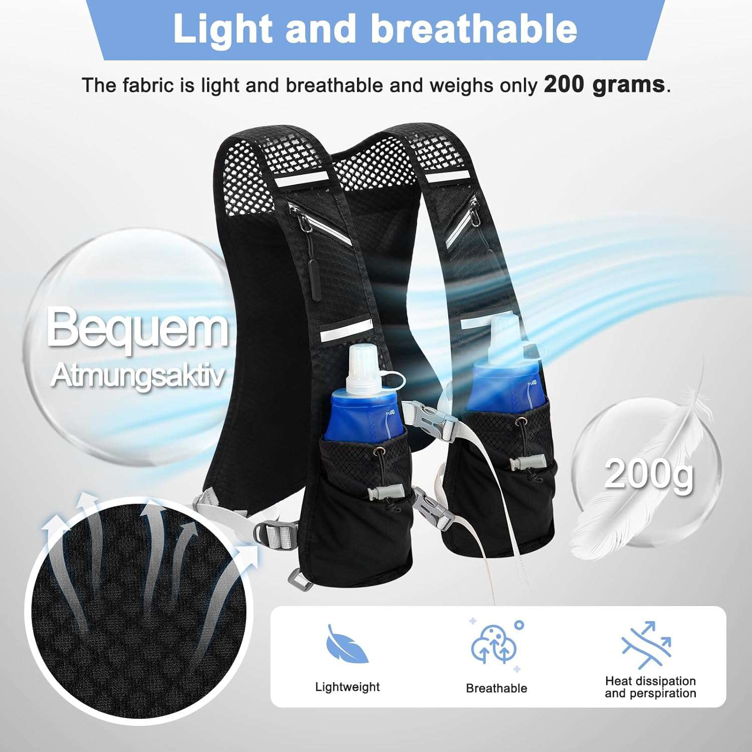 Hardloopvest voor dames en heren, met 2 soft flask van 500 ml, verstelbare rugzak, reflecterend, hydratatievest, trailrunning, ademend hardloopvest voor hardlopen, fietsen, marathons