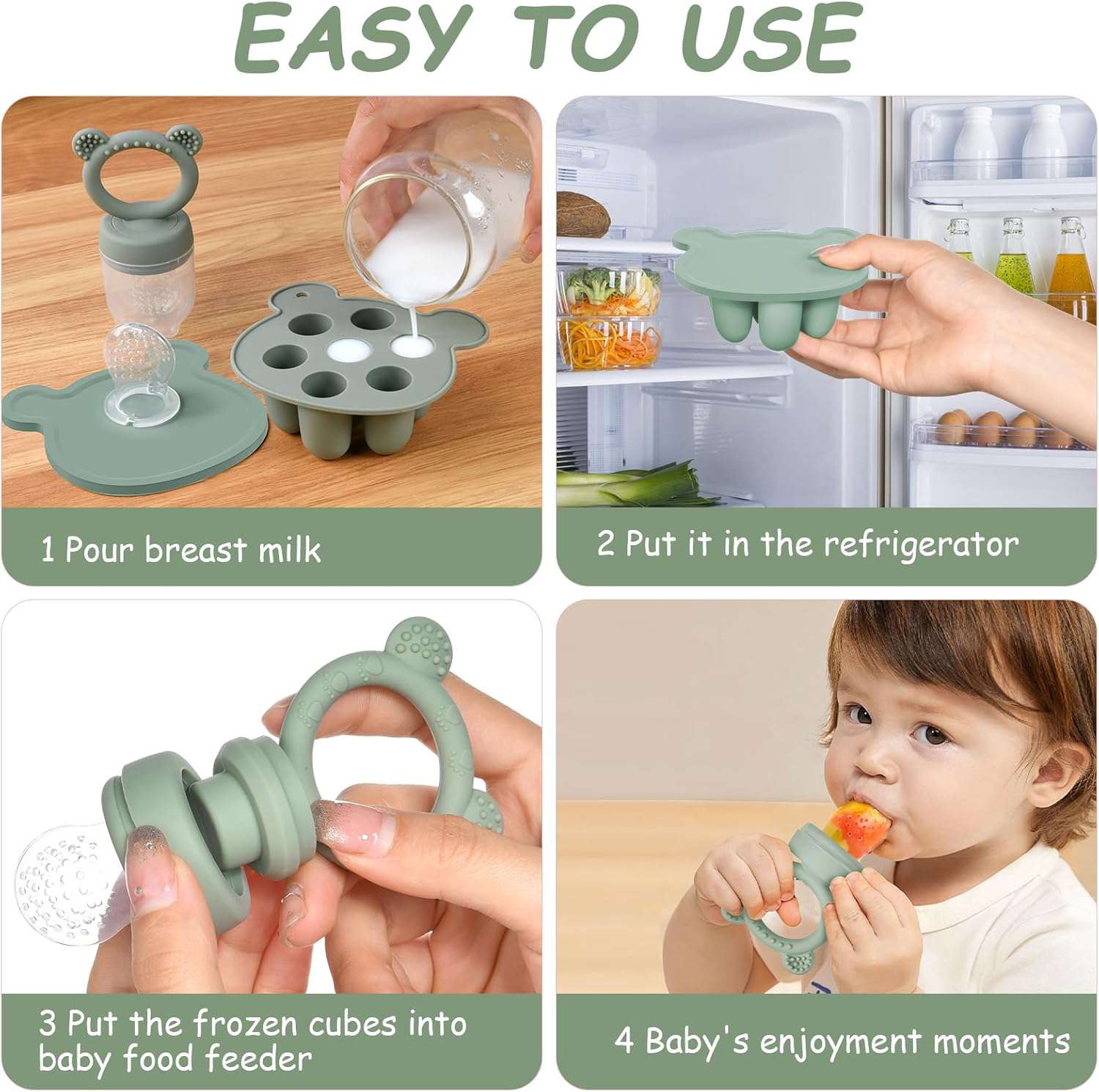Baby Fruitvoedselset, siliconen fruitvoeder voor baby’s, fopspeen en lolly voor moedermelk, diepvriesbakjes, voorraadbakjes voor babyvoedsel voor veilig zelf voeden van baby’s, groen
