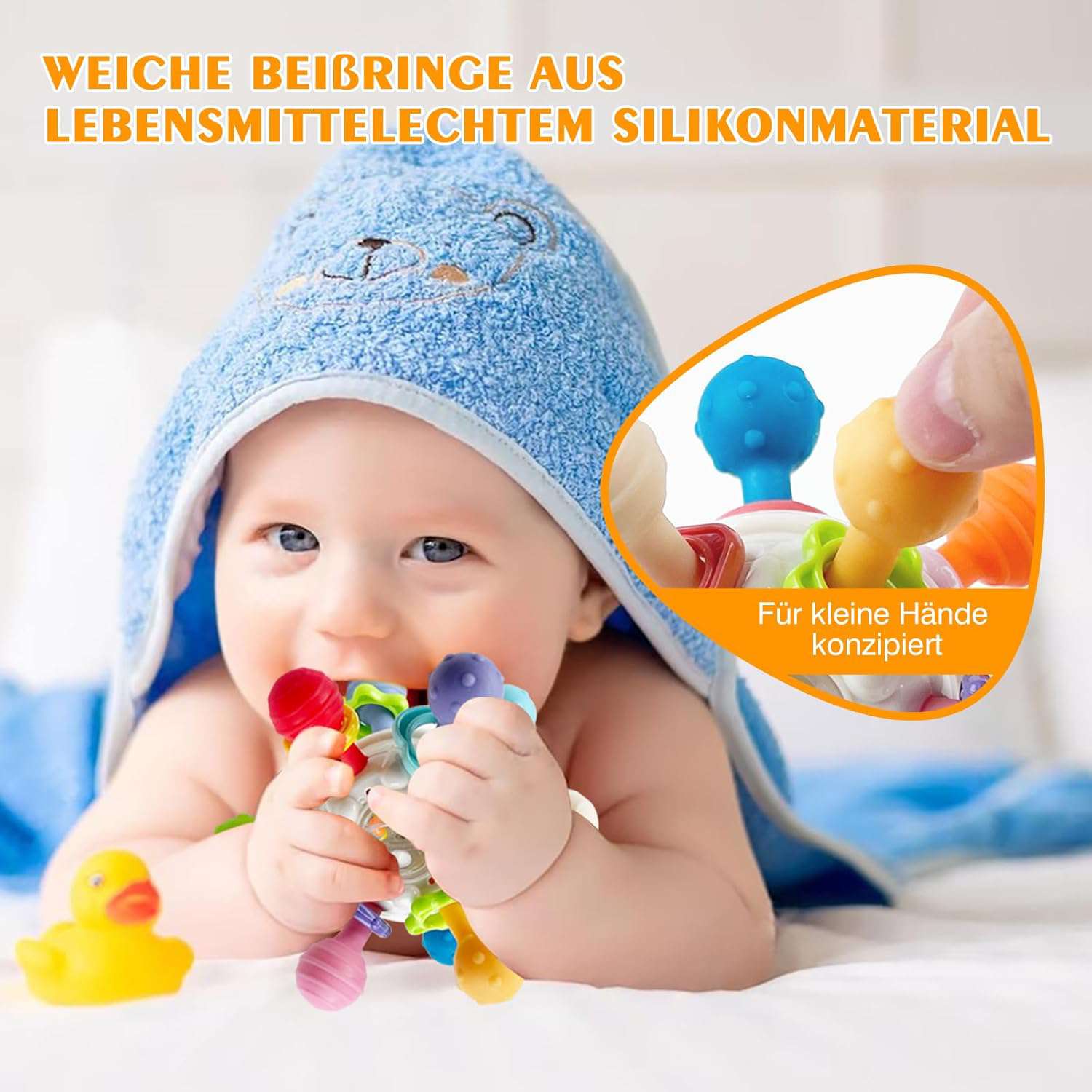 Bijtspeelgoed voor baby's vanaf 3 maanden, sensorisch, rammelaar, grijpbal, babyspeelgoed van siliconen, Montessori-motoriekspeelgoed, babycadeau vanaf 0/6/9 maanden - 1 jaar