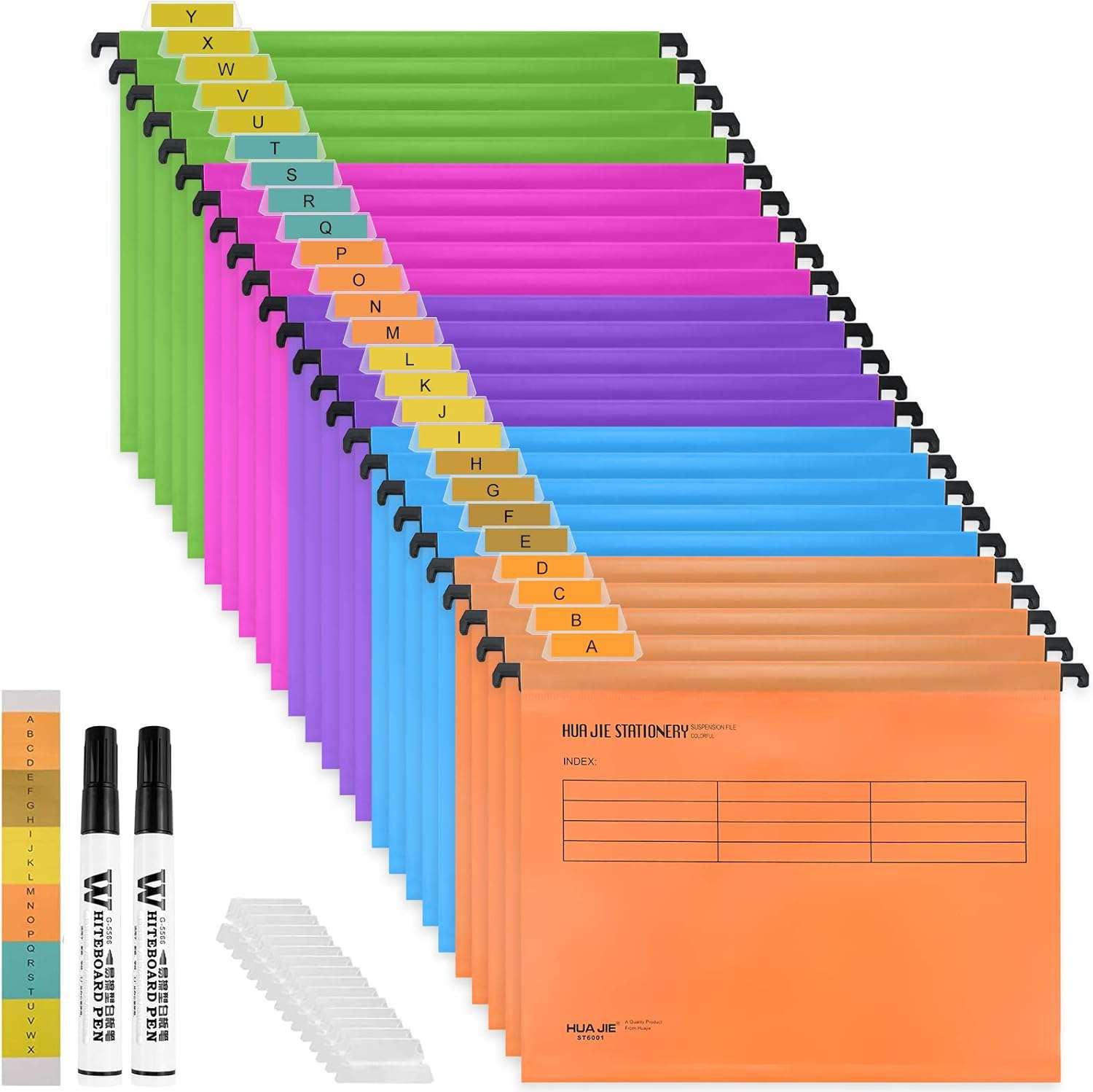 A4-ophangmappen, 25 stuks polypropyleen archiefkast ophangbestanden met tabbladen, kaartinzetstukken en uitwisbare pen, A4-ophangmappen voor archiveringsopslag voor school, thuis, werk, kantoor