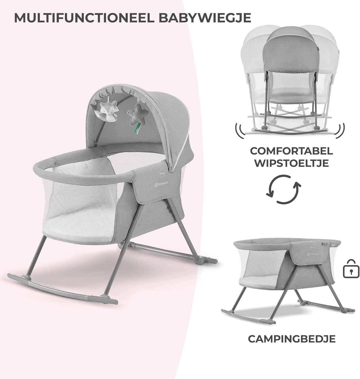 3-in-1 reisbed LOVI 3-in-1 reisbed, babybedje, wiegje, schommelwiegje, makkelijk in- en uitklappen, verstelbare zonnekap, met toebehoren, matrasje met verwijderbare hoes, Grijs