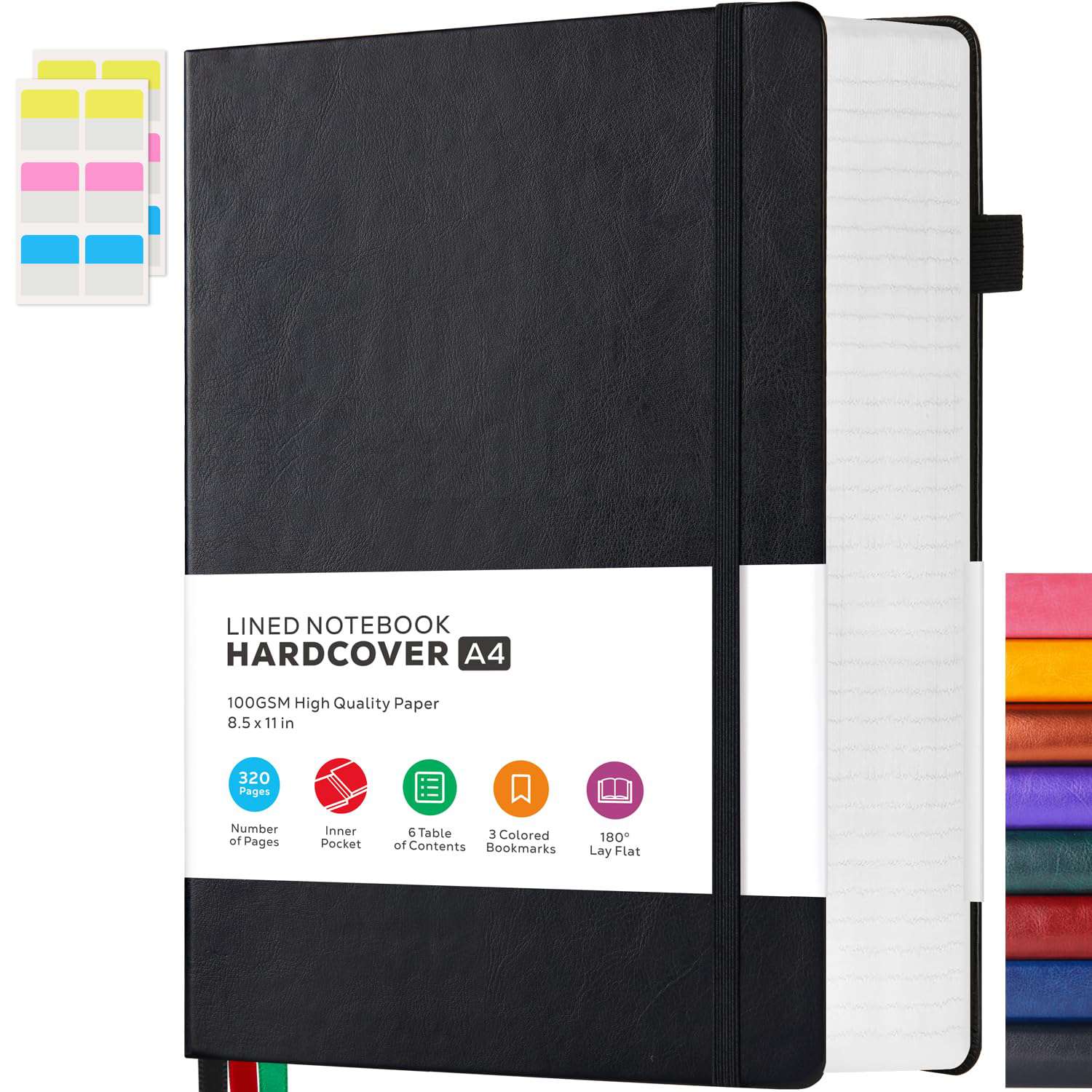 Notitieboek, A4, dagboek, gelinieerd, met 320 pagina's en 100 g/m² premium papier, het collegeblok, notitieblok is geschikt om te schrijven en te noteren, 21,5 x 28 cm, zwart