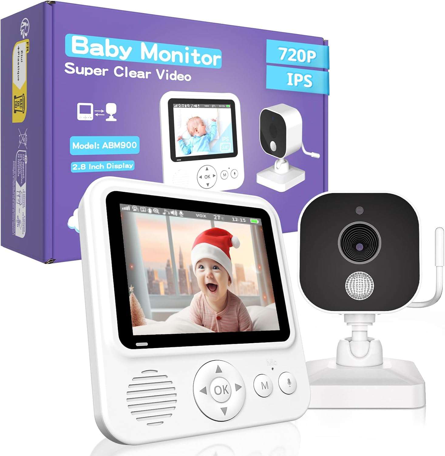 Babyfoon 2,8 inch 720P LCD Video Monitor 2000mAh USB-C Baby Phone met Digitale Zoom VOX Nachtzicht Tweewegcommunicatie Temperatuursensor 8 Slaapliedjes 5 Wekker