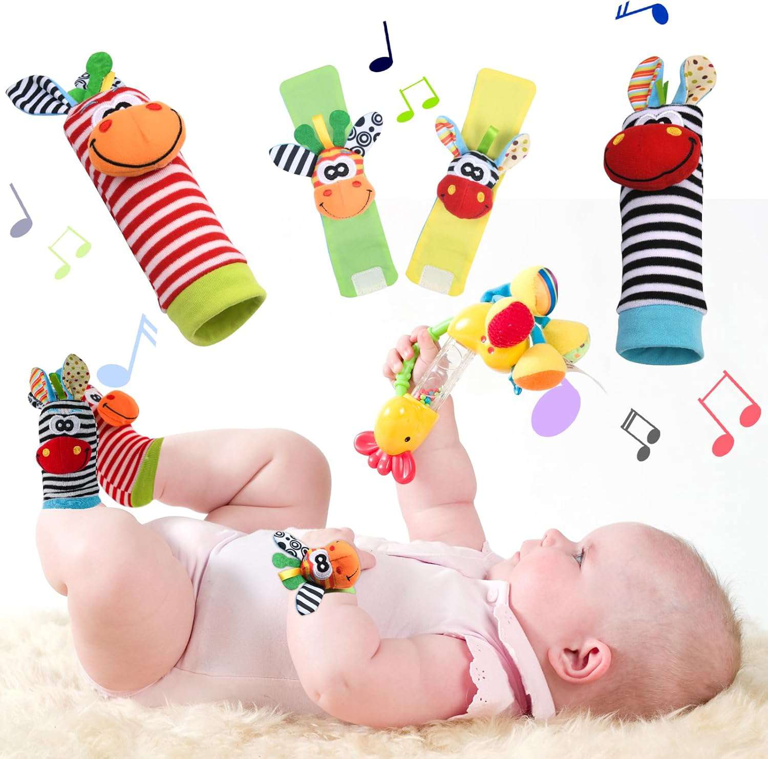 Baby Rammelaar Sokken Polsriem Rammelaars, 4 stks Pols Rammelaars voor Baby's & Voetzoeker Set, Zacht Dier Baby Rammelaars Speelgoed voor 0-6 Maanden Baby's Jongen Meisje