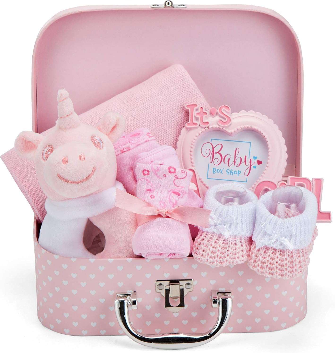 Kraamcadeau meisje met eerste babyuitrusting, babyset inclusief rammelaar, fotolijst, mousseline doek, slabbetje, sokken, handschoenen en muts