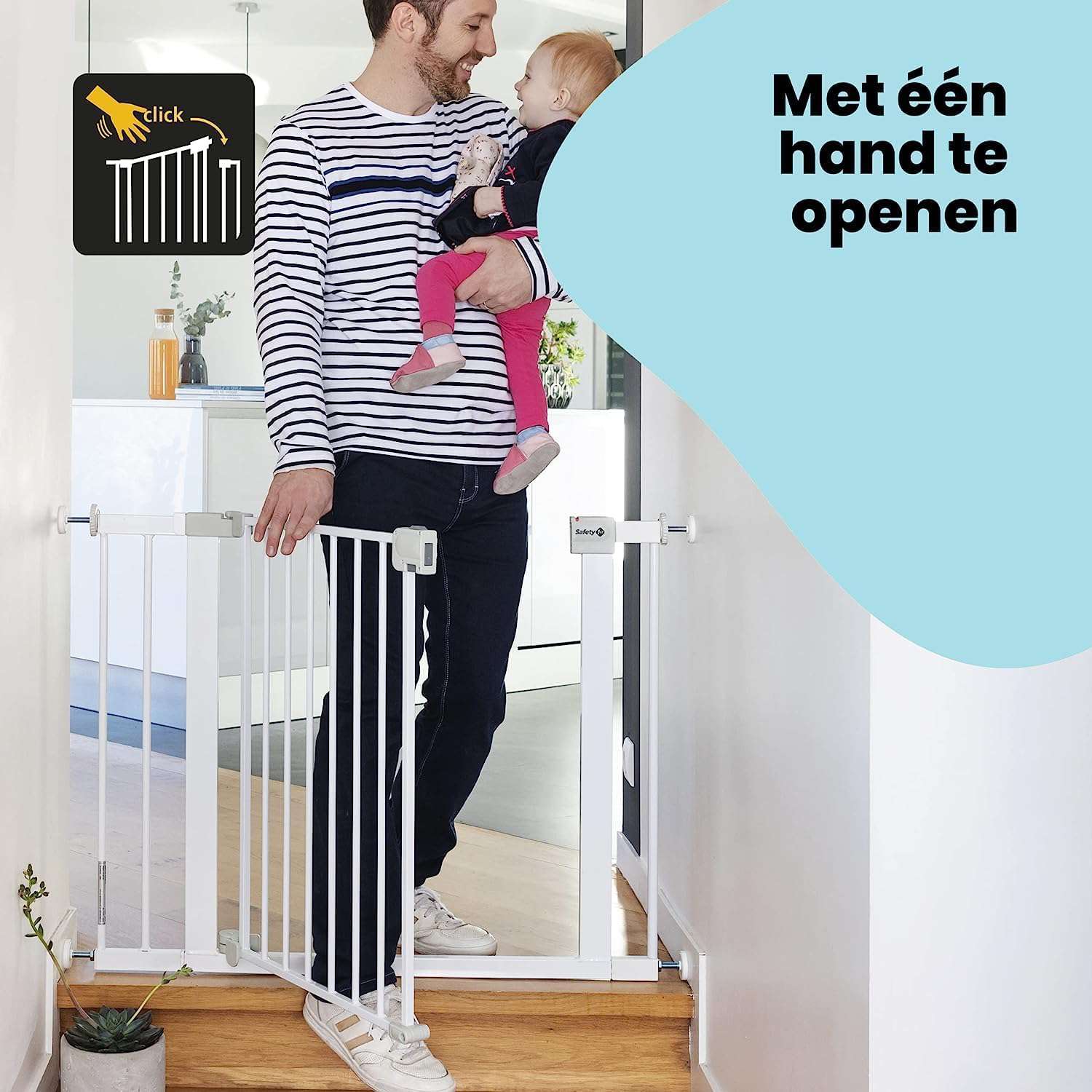 Safety 1st Auto Close Gate, Traphekje zonder boren, Automatisch sluitend veiligheidshek baby, 73–80 cm (max. 136 cm), Zelfklemmend (zonder boren), Met één hand te openen, Tweevoudige sluiting, Wit