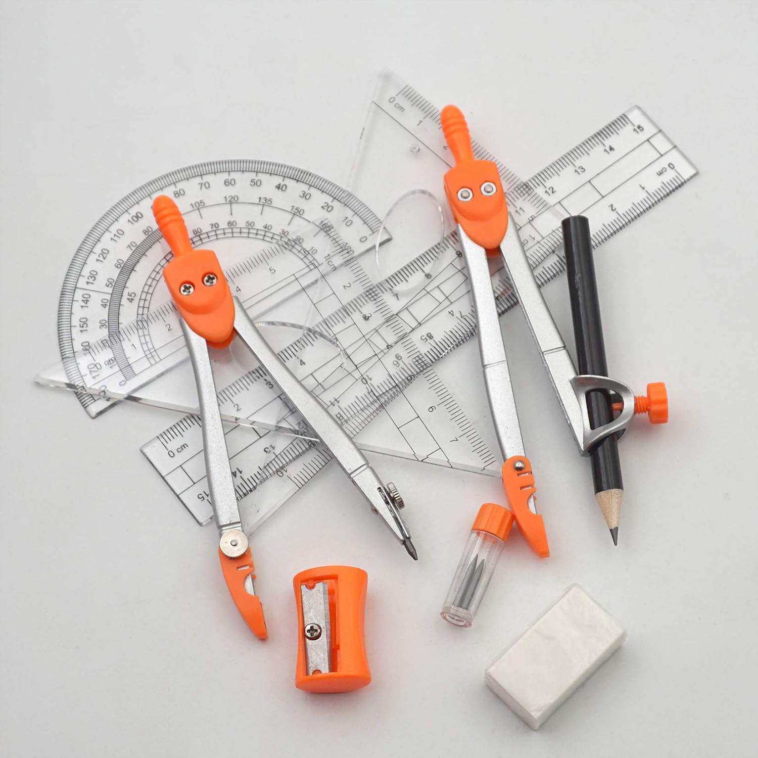 Geometrie passer set Akuoly passer geometrische passer wiskunde met 2 stuks passer, 2 stuks geodriehoek, 15 cm liniaal en gradenboog