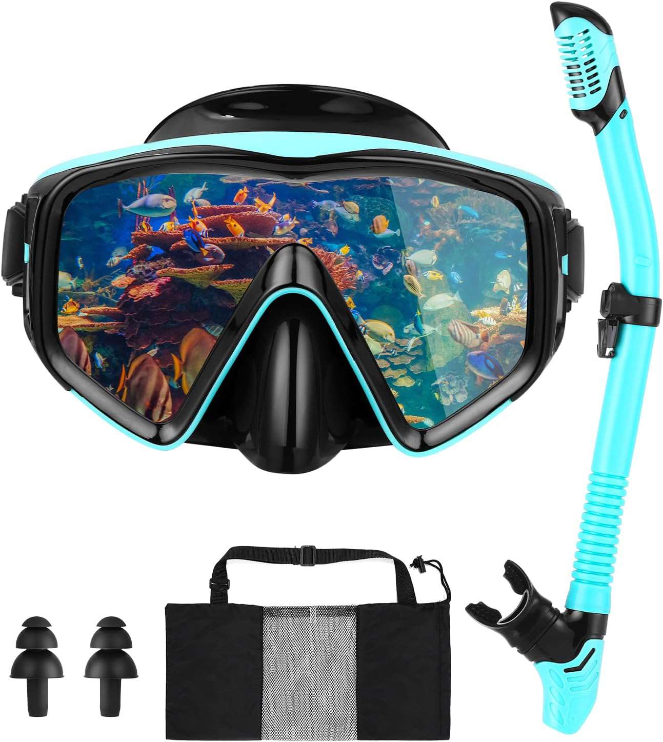 Duikbril voor volwassenen, snorkelset voor volwassenen, duikbril met snorkel universeel voor mannen en vrouwen, gehard glas, met oordopjes