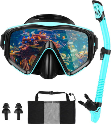 Duikbril voor volwassenen, snorkelset voor volwassenen, duikbril met snorkel universeel voor mannen en vrouwen, gehard glas, met oordopjes