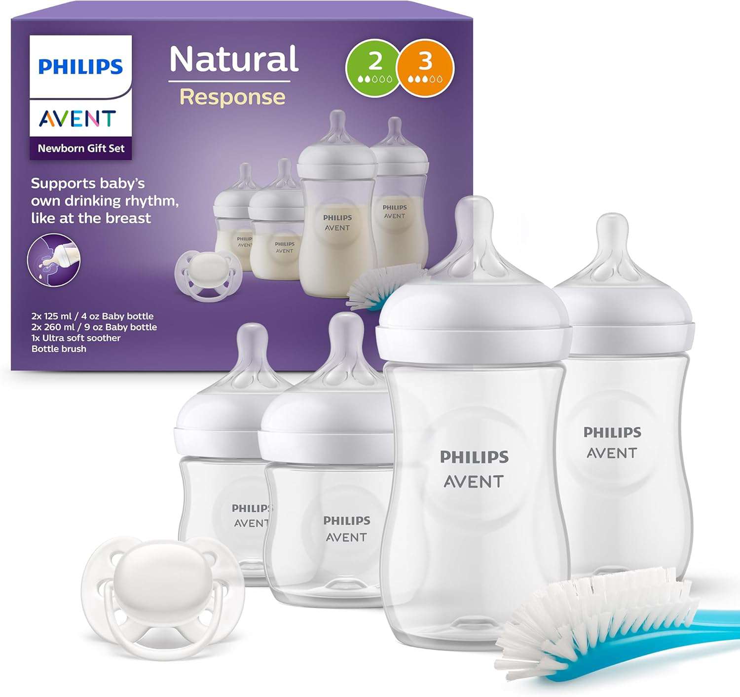Philips Avent babyfles cadeauset voor pasgeboren baby's - 4 babymelkflessen, ultra soft-fopspeen en flessenborstel, voor baby's van 0-12 maanden en ouder (model SCD838/11)