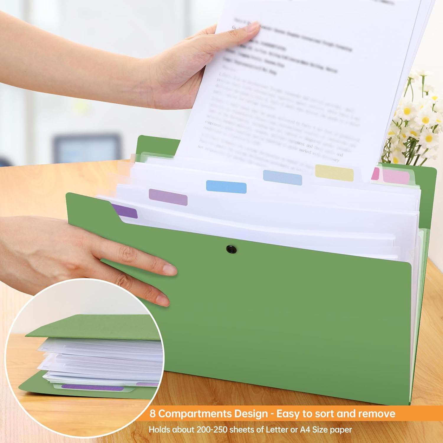 Multomap A4 met 8 vakken, documentenmap 2 stuks, snelhechter A4 plastic stevige etiketontwerp, ringband knopdesign voorkomt verspreiding, register voor ordner, groen