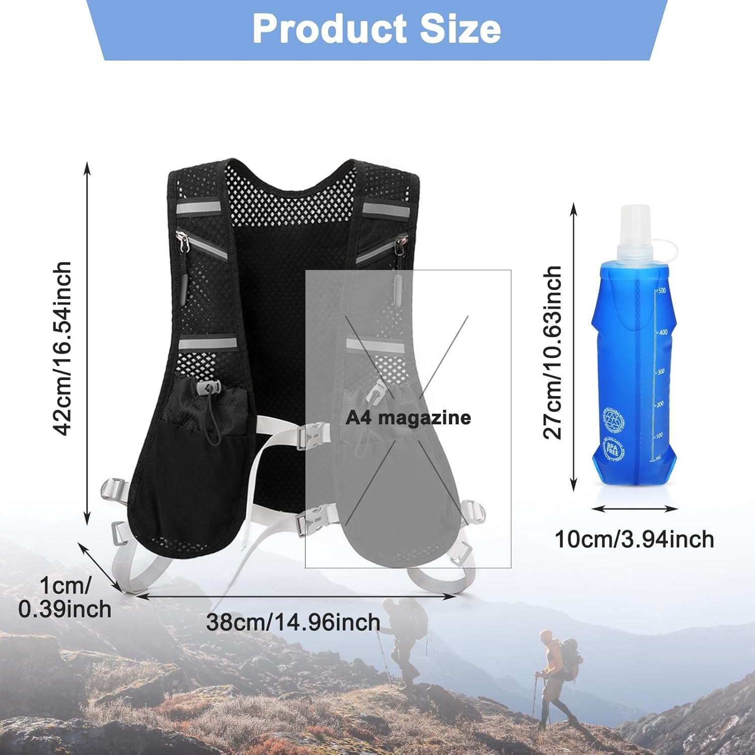 Hardloopvest voor dames en heren, met 2 soft flask van 500 ml, verstelbare rugzak, reflecterend, hydratatievest, trailrunning, ademend hardloopvest voor hardlopen, fietsen, marathons