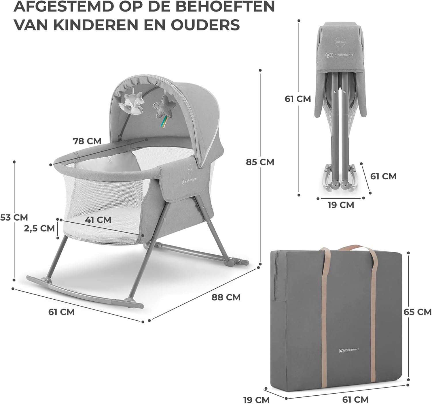 3-in-1 reisbed LOVI 3-in-1 reisbed, babybedje, wiegje, schommelwiegje, makkelijk in- en uitklappen, verstelbare zonnekap, met toebehoren, matrasje met verwijderbare hoes, Grijs