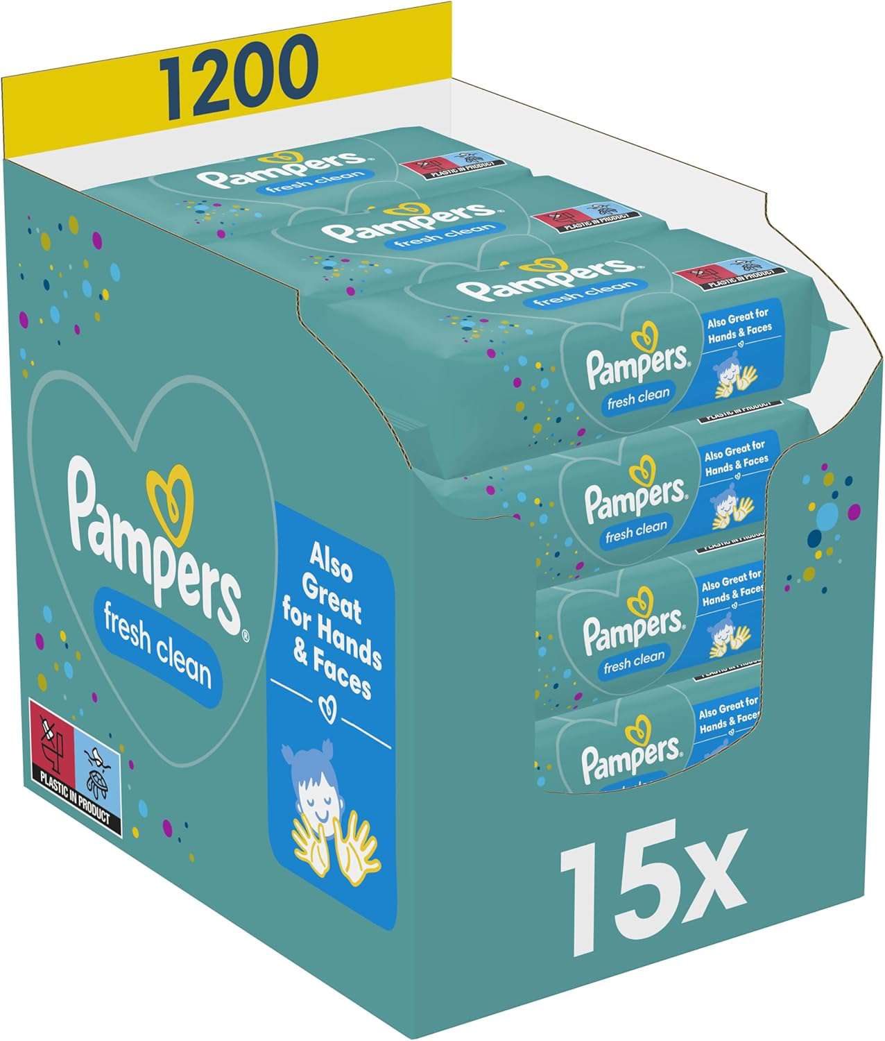 Pampers Fresh Clean Billendoekjes, 1200 Babydoekjes (15 x 80 Doekjes), met Frisse Geur, Ook Voor Handen en Gezicht, Dermatologisch Getest
