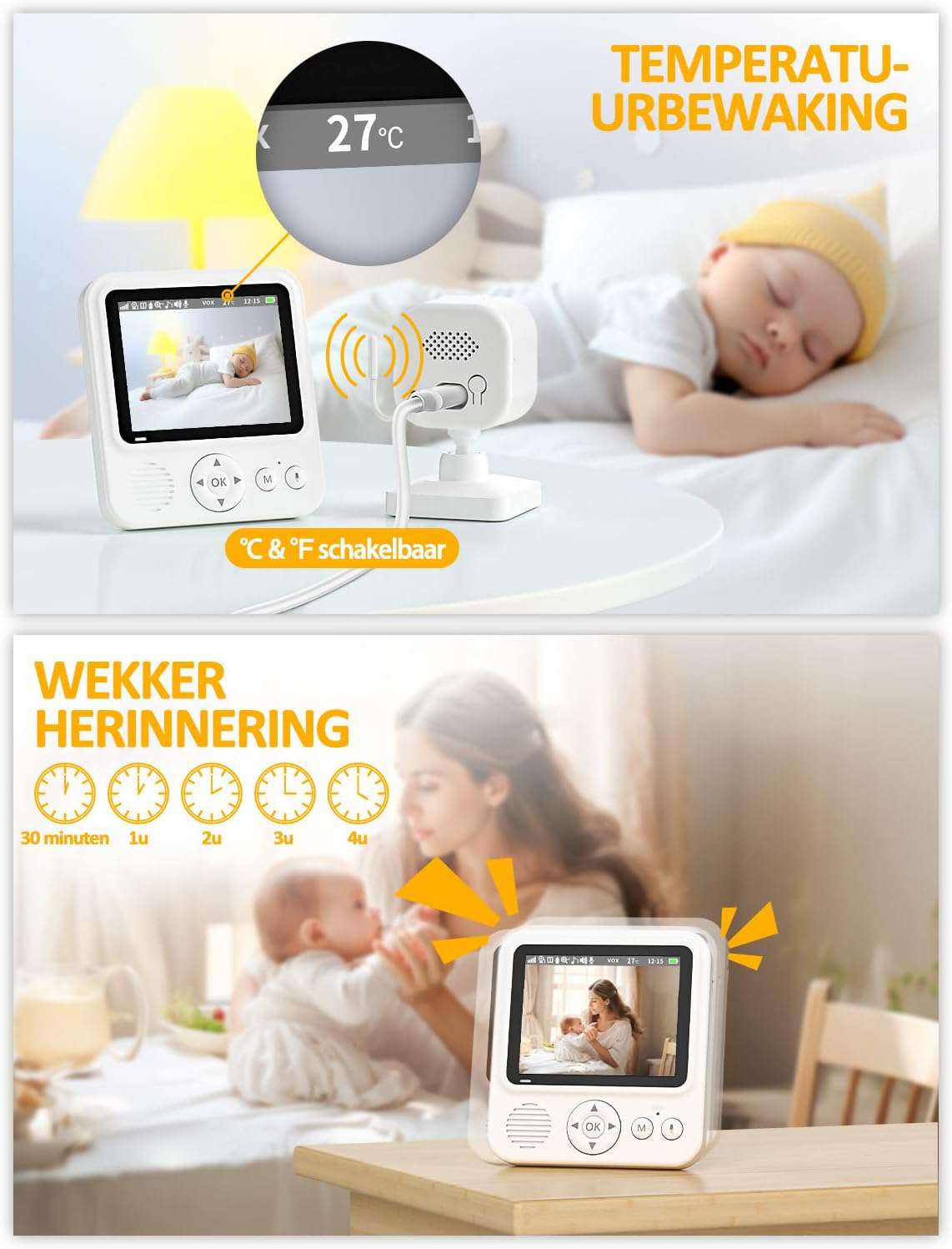 Babyfoon 2,8 inch 720P LCD Video Monitor 2000mAh USB-C Baby Phone met Digitale Zoom VOX Nachtzicht Tweewegcommunicatie Temperatuursensor 8 Slaapliedjes 5 Wekker