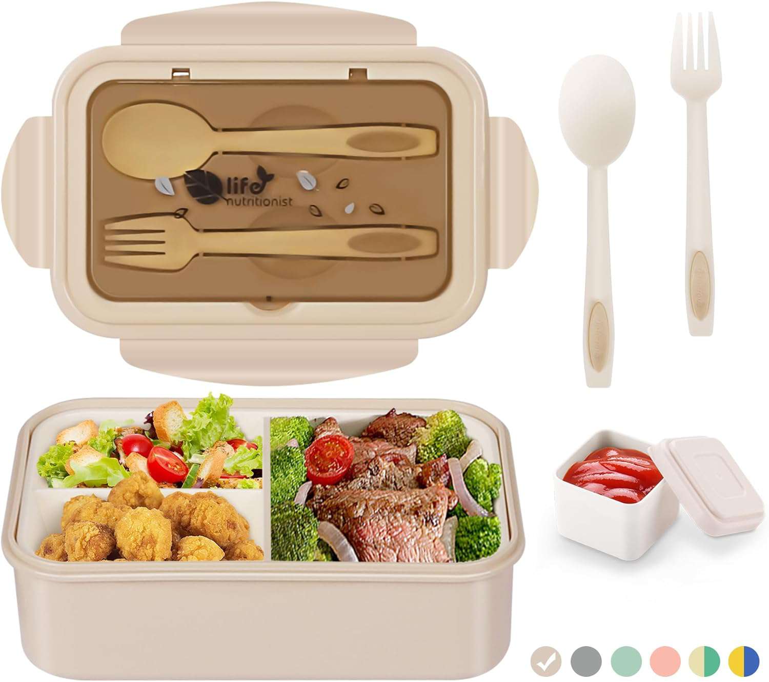 Lunchbox voor volwassenen en kinderen, 1400 ml, met 3 vakken, incl. bestek, de snackbox is geschikt voor magnetrons en vaatwassers, voor school, werk, picknick en op reis (kaki)