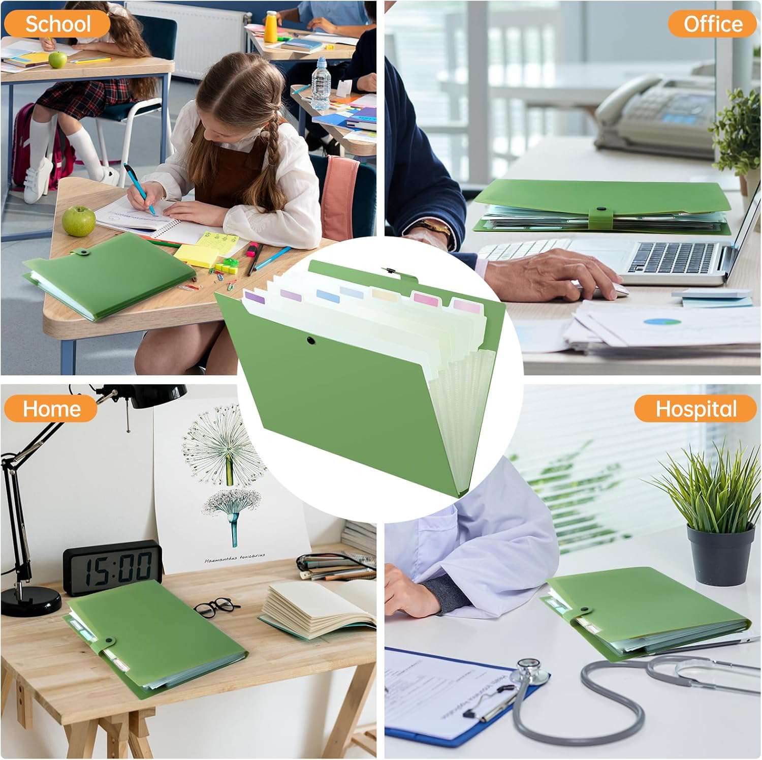 Multomap A4 met 8 vakken, documentenmap 2 stuks, snelhechter A4 plastic stevige etiketontwerp, ringband knopdesign voorkomt verspreiding, register voor ordner, groen