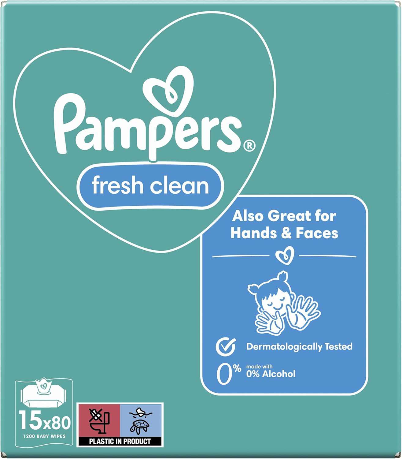 Pampers Fresh Clean Billendoekjes, 1200 Babydoekjes (15 x 80 Doekjes), met Frisse Geur, Ook Voor Handen en Gezicht, Dermatologisch Getest