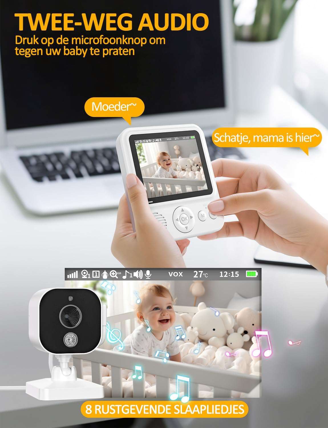 Babyfoon 2,8 inch 720P LCD Video Monitor 2000mAh USB-C Baby Phone met Digitale Zoom VOX Nachtzicht Tweewegcommunicatie Temperatuursensor 8 Slaapliedjes 5 Wekker