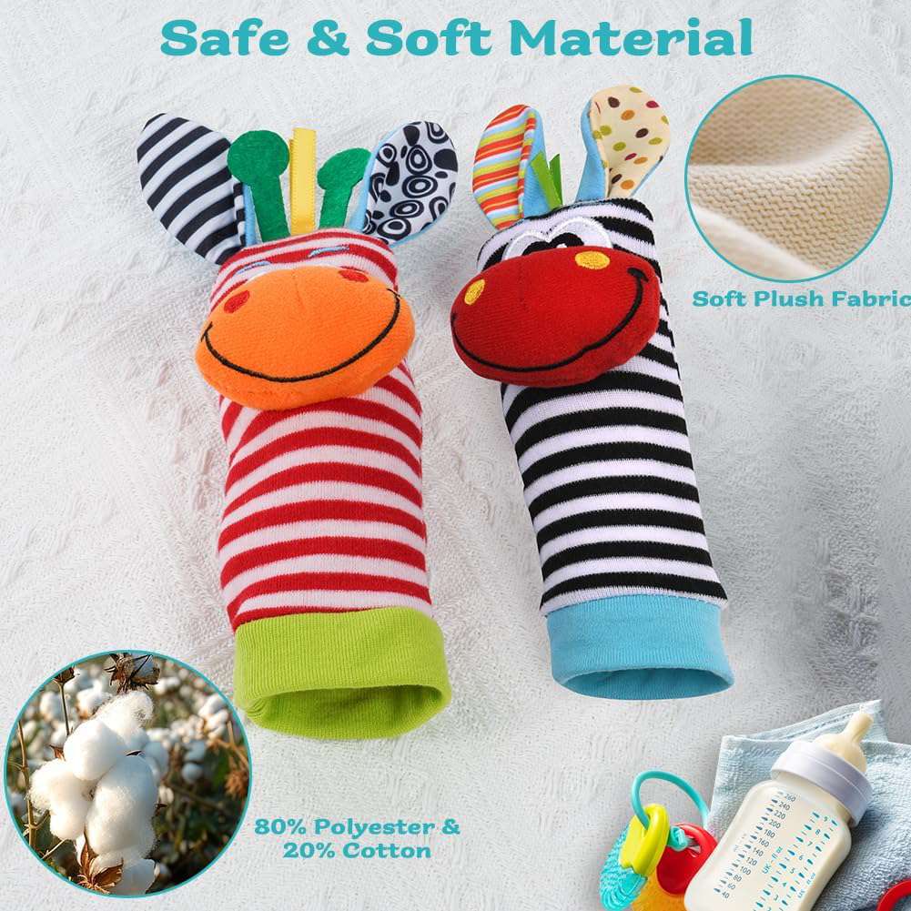 Baby Rammelaar Sokken Polsriem Rammelaars, 4 stks Pols Rammelaars voor Baby's & Voetzoeker Set, Zacht Dier Baby Rammelaars Speelgoed voor 0-6 Maanden Baby's Jongen Meisje