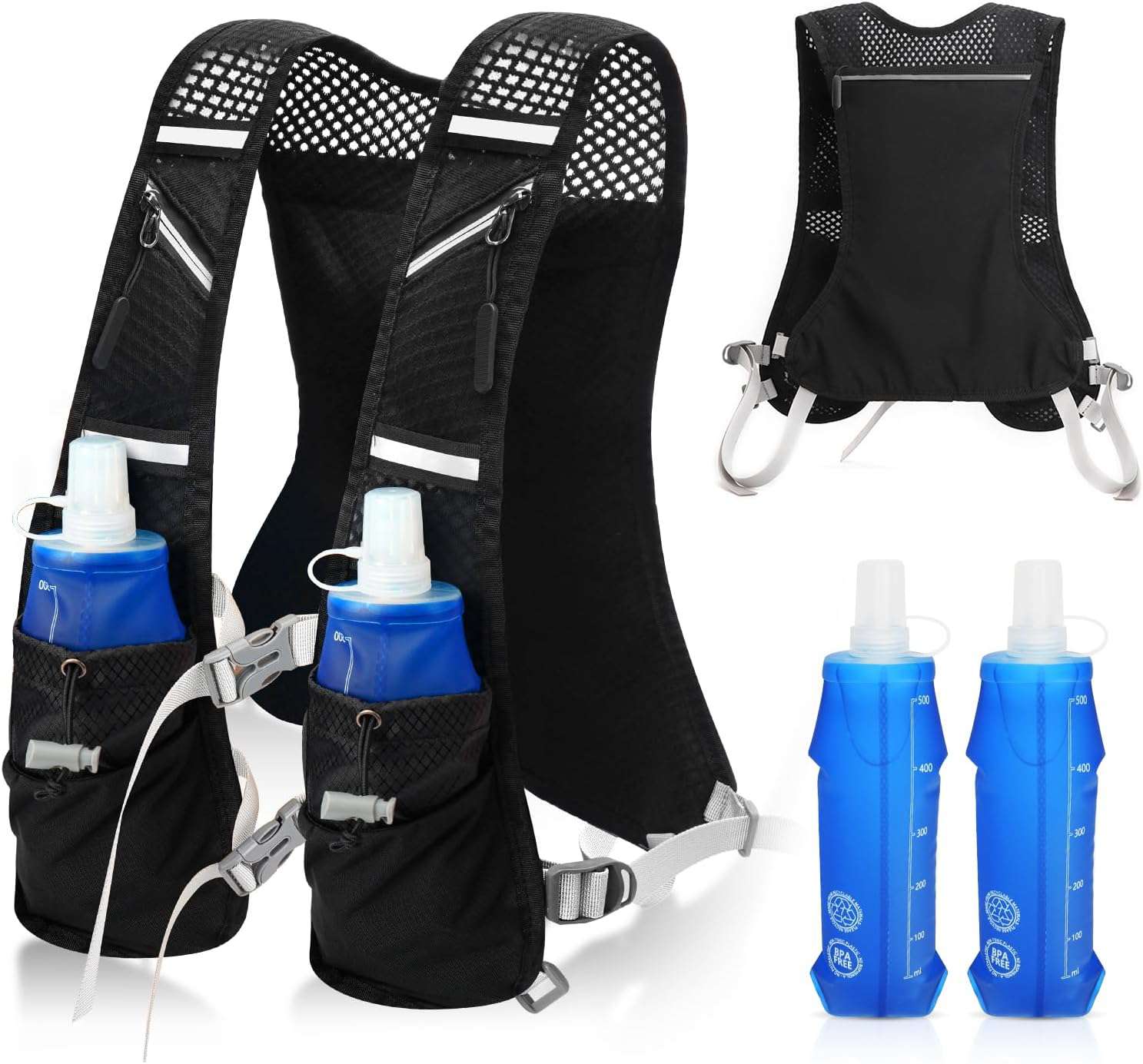 Hardloopvest voor dames en heren, met 2 soft flask van 500 ml, verstelbare rugzak, reflecterend, hydratatievest, trailrunning, ademend hardloopvest voor hardlopen, fietsen, marathons