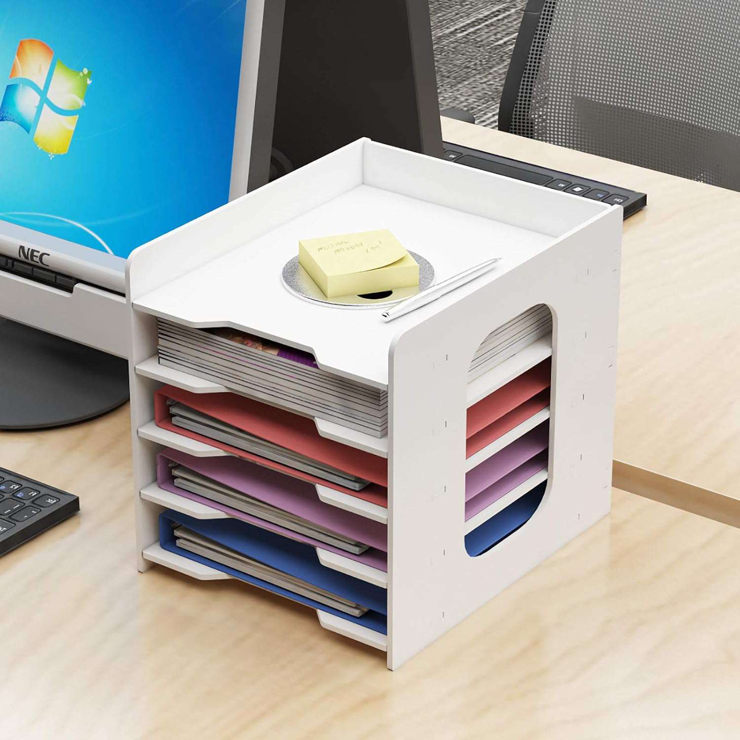Documentenhouder, A4, brievenbakje, 5 opbergvakken, pvc, bureau, bestandsorganizer, papierhouder, archiefopslag, opbergsysteem, documentenhouder voor kantoor, werkkamer, school, kantoor