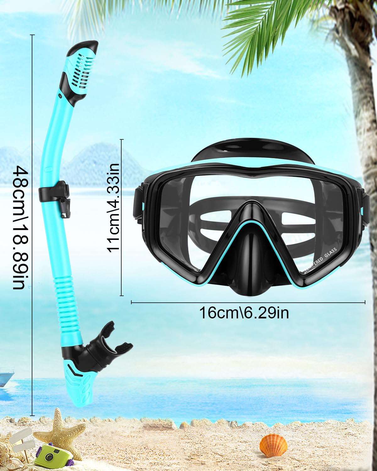 Duikbril voor volwassenen, snorkelset voor volwassenen, duikbril met snorkel universeel voor mannen en vrouwen, gehard glas, met oordopjes
