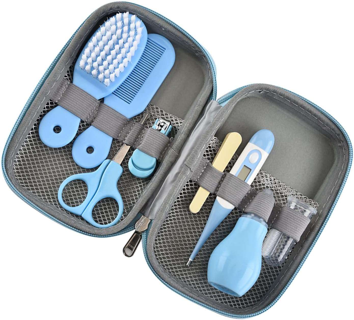 8 in 1 babyverzorgingsset met haarborstel Nagelknipper Neusreiniger Vingertandenborstel Schaar Pasgeboren zorg voor babyverzorging Gezond en schoon houden(blauw)
