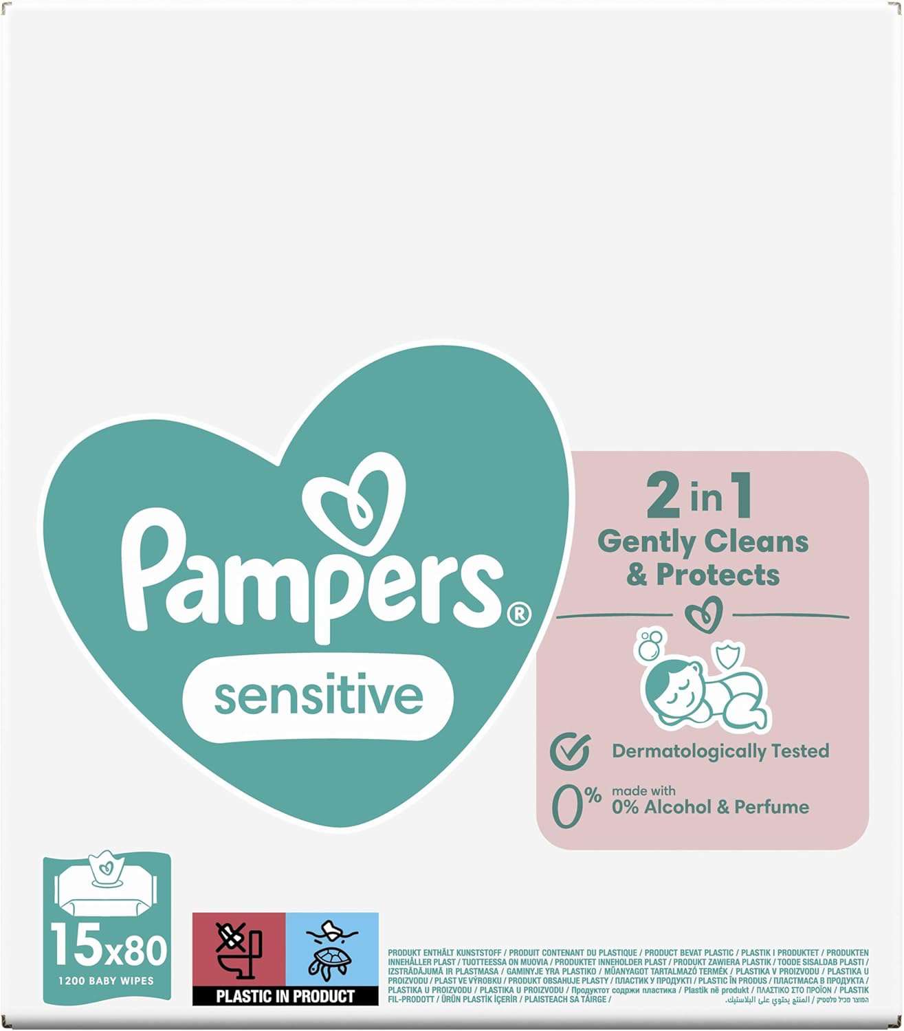 Pampers Sensitive Billendoekjes 1200 Babydoekjes (15 x 80 Doekjes) Unieke pH Beschermende Formule Zonder Parfum Dermatologisch Getest