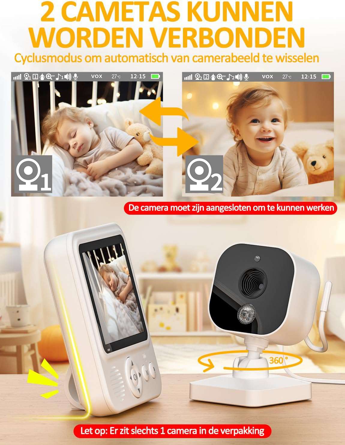 Babyfoon 2,8 inch 720P LCD Video Monitor 2000mAh USB-C Baby Phone met Digitale Zoom VOX Nachtzicht Tweewegcommunicatie Temperatuursensor 8 Slaapliedjes 5 Wekker