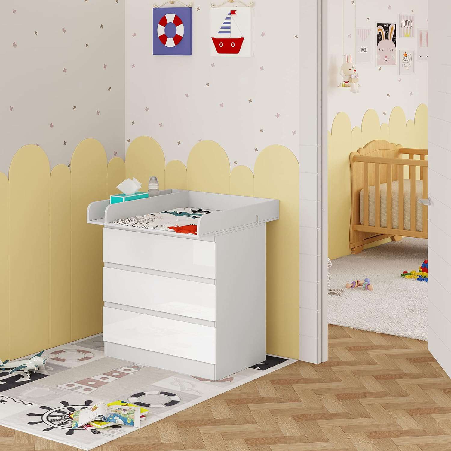 commode met aankleedkussen, ladekast met 3 lades, commode met geluidsarme metalen rails, kantelbeveiliging, 86 cm voor lendenbescherming, wit+Hoogglans Wit
