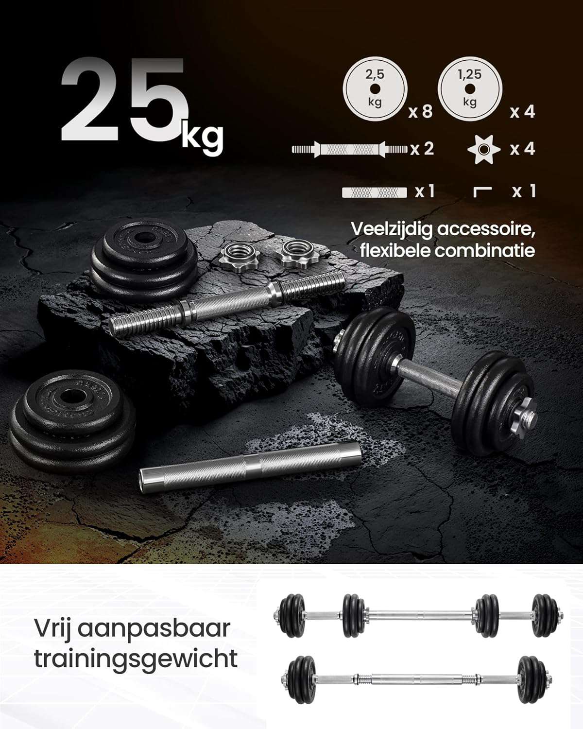 Halterset, Gietijzeren dumbbells, Verstelbare halterset, met verbindingsbuis, voor heren Dames Workout Fitness Training Gewichtheffen, voor thuisgymnastiek