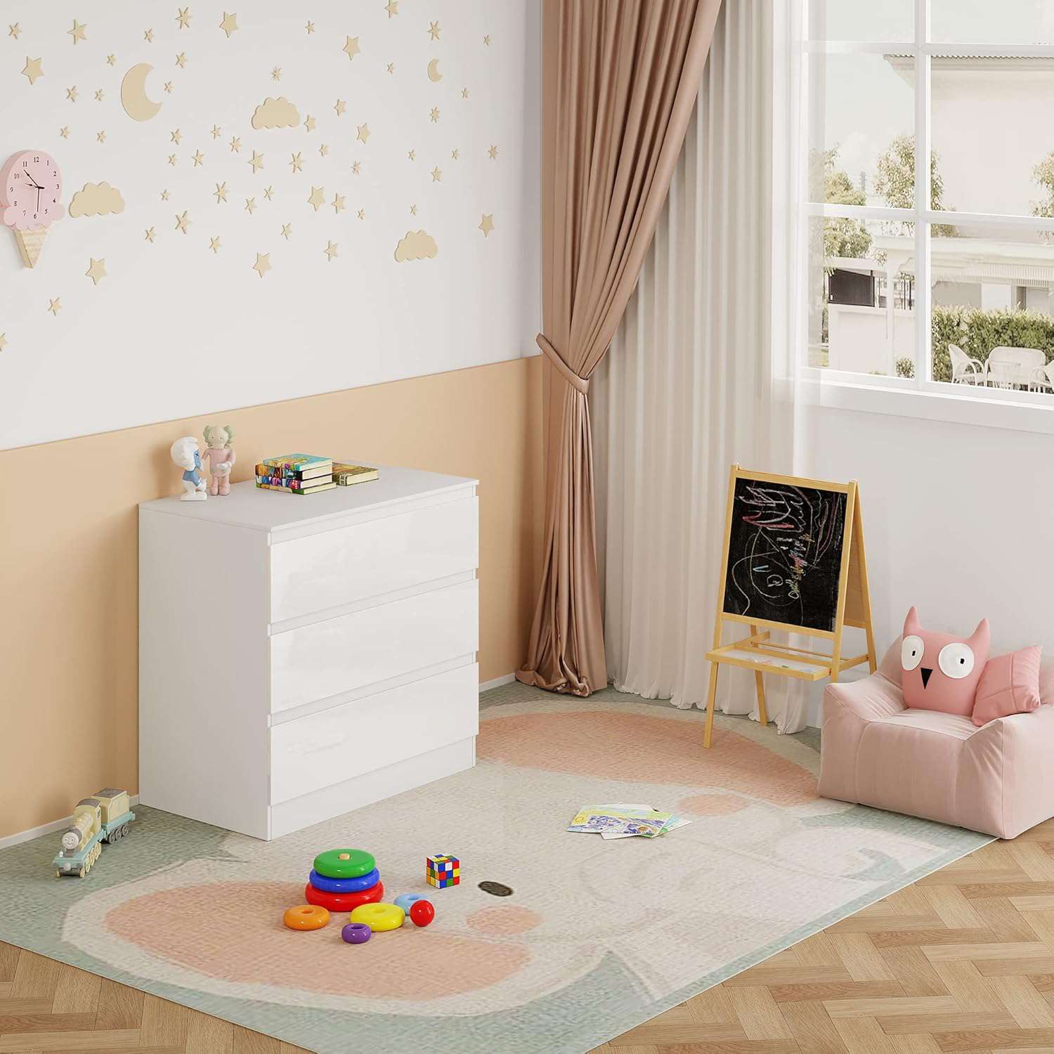 commode met aankleedkussen, ladekast met 3 lades, commode met geluidsarme metalen rails, kantelbeveiliging, 86 cm voor lendenbescherming, wit+Hoogglans Wit