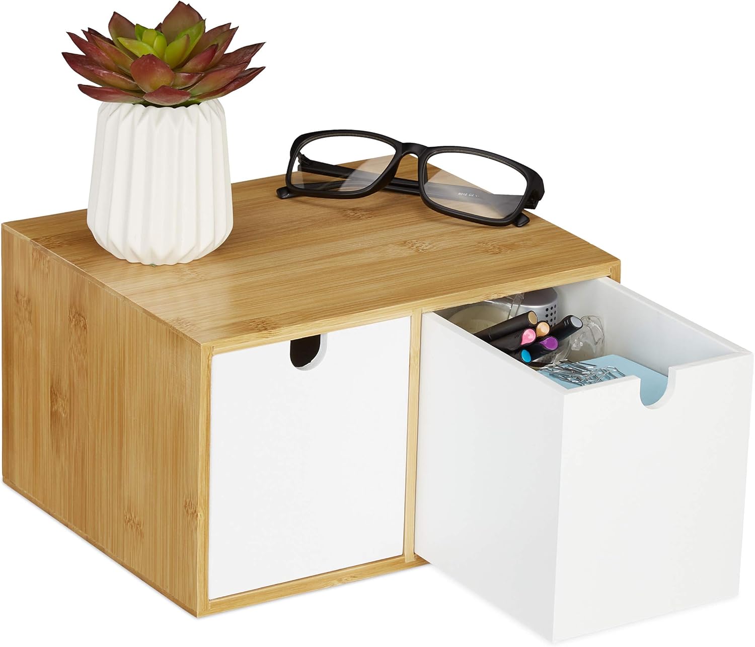 ladeblok bureau, 2 lades, bamboe & MDF, bureau organizer, H x B x D: 14,5 x 24,5 x 20 cm, wit