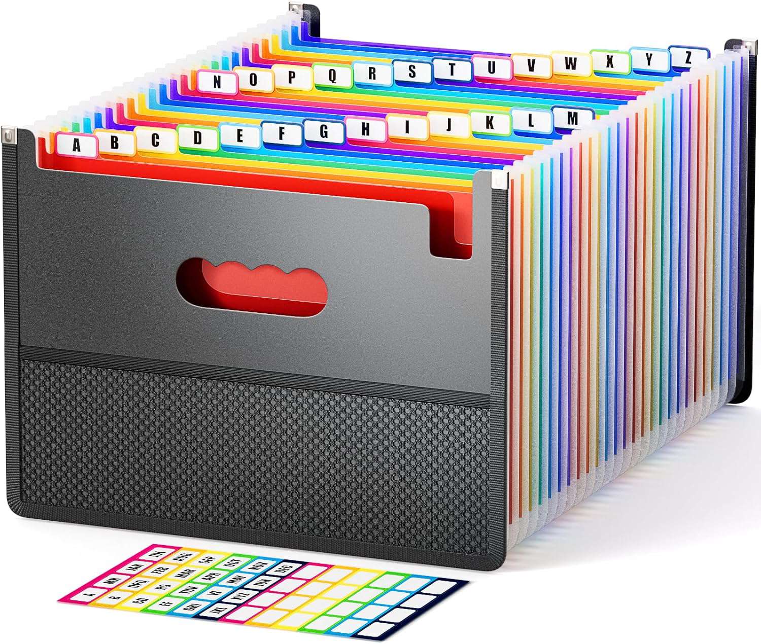 26 vakken documentenmap A4-formaat met mesh-tas-design, waaiermap, sorteermap, kleurrijke bestandsmap, regenboog ordner in accordeonontwerp, gekleurde tabbladen met A-Z-alfabet