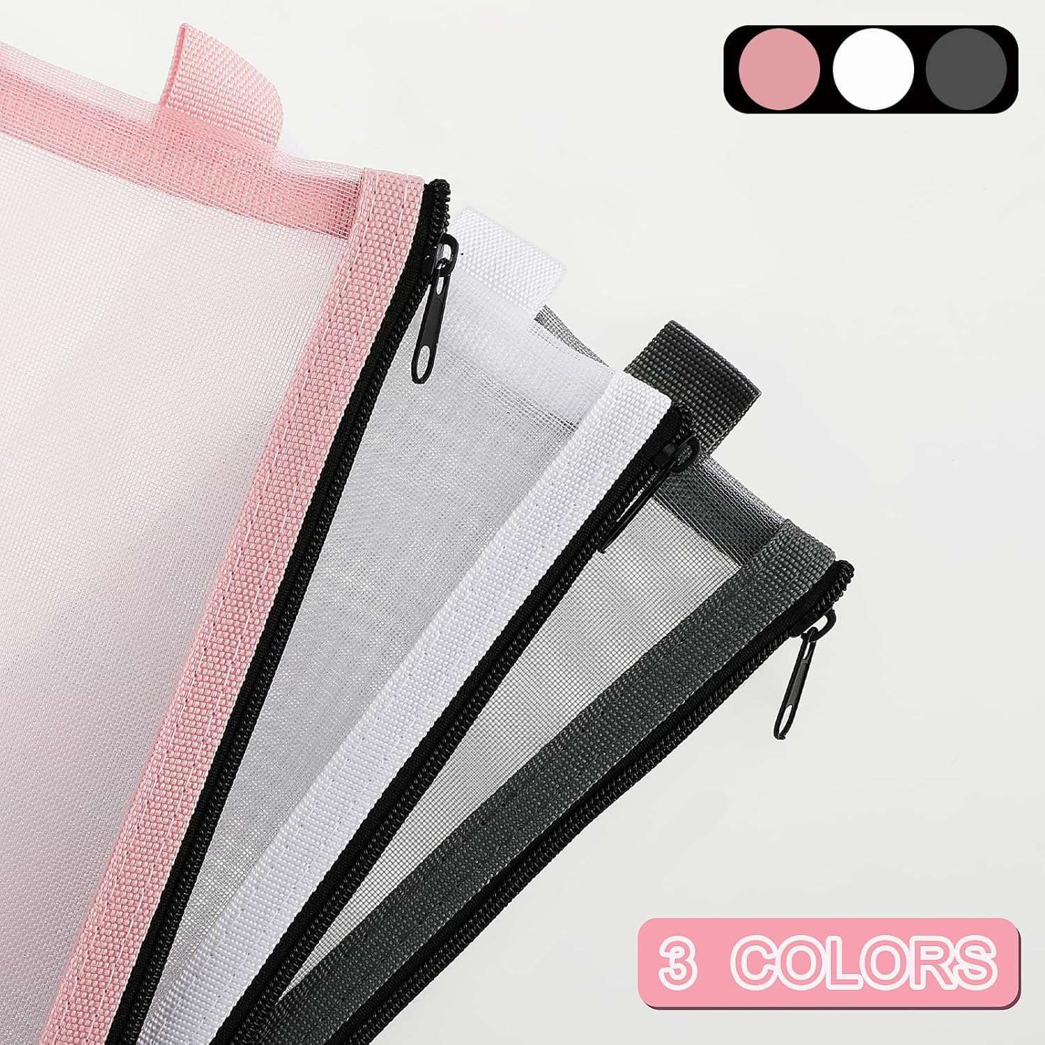 3 stuks doorzichtige etui nylon mesh grote inhoud schrijfwaren pennenetui pennenetui meisjes etui pennen voor tieners kantoor grijs wit roze, grijs, wit, roze, Modern nylon mesh-design