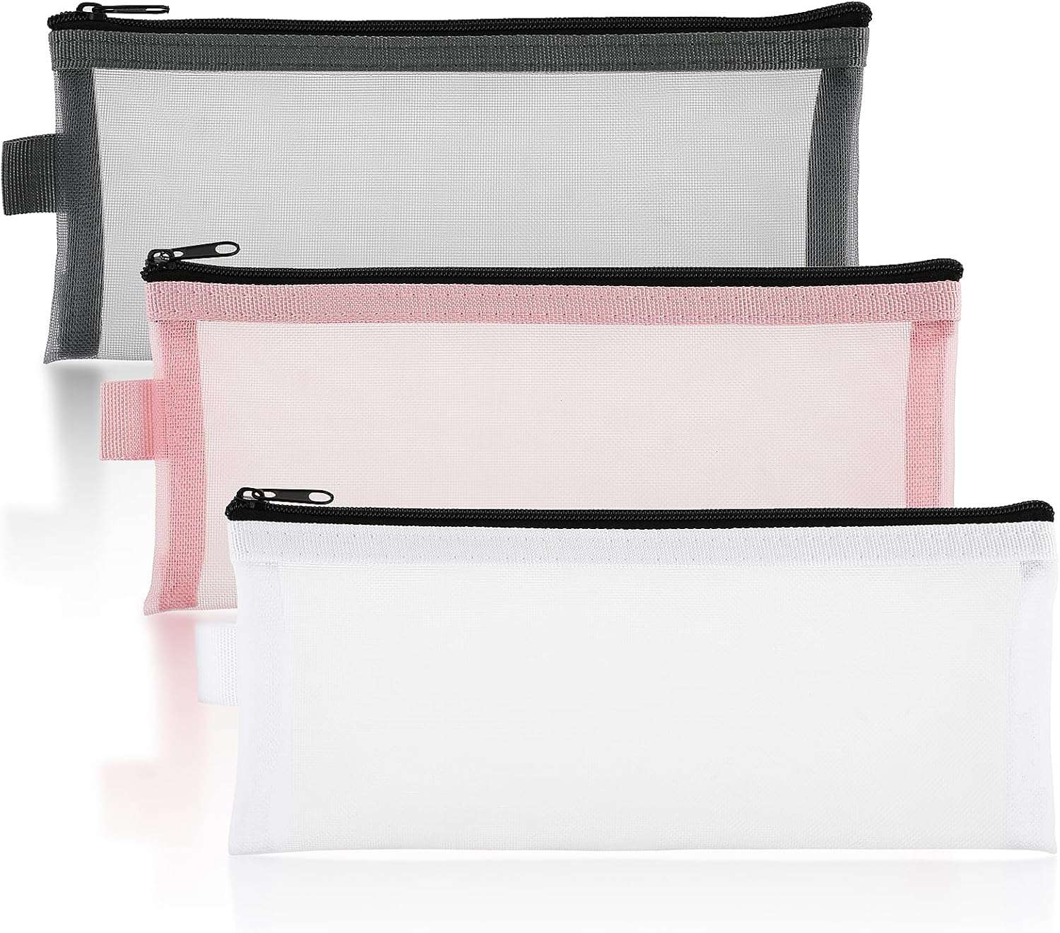 3 stuks doorzichtige etui nylon mesh grote inhoud schrijfwaren pennenetui pennenetui meisjes etui pennen voor tieners kantoor grijs wit roze, grijs, wit, roze, Modern nylon mesh-design