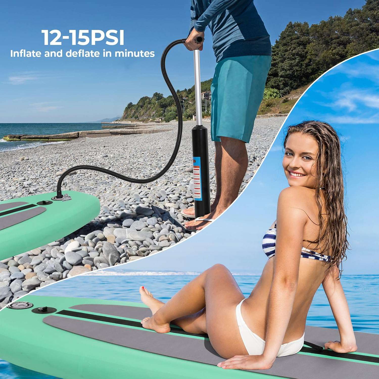 Stand Up Paddleboard, SUP opblaasbaar, standup, SUB met pomp, kajak bootstoel, vinnen, rugzak, dubbele peddel, voor watersport en peddelen, belastbaar tot 200 kg