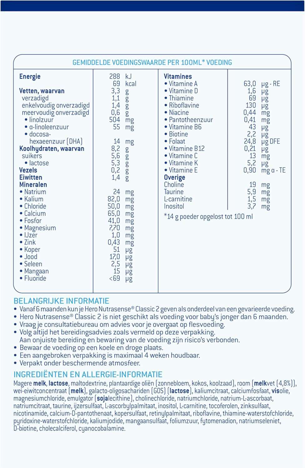 Hero Nutrasense Opvolgmelk Classic 2 (6+ Maanden) - 3 x 700gr - Flesvoeding - met Melkvet - Palmolievrij