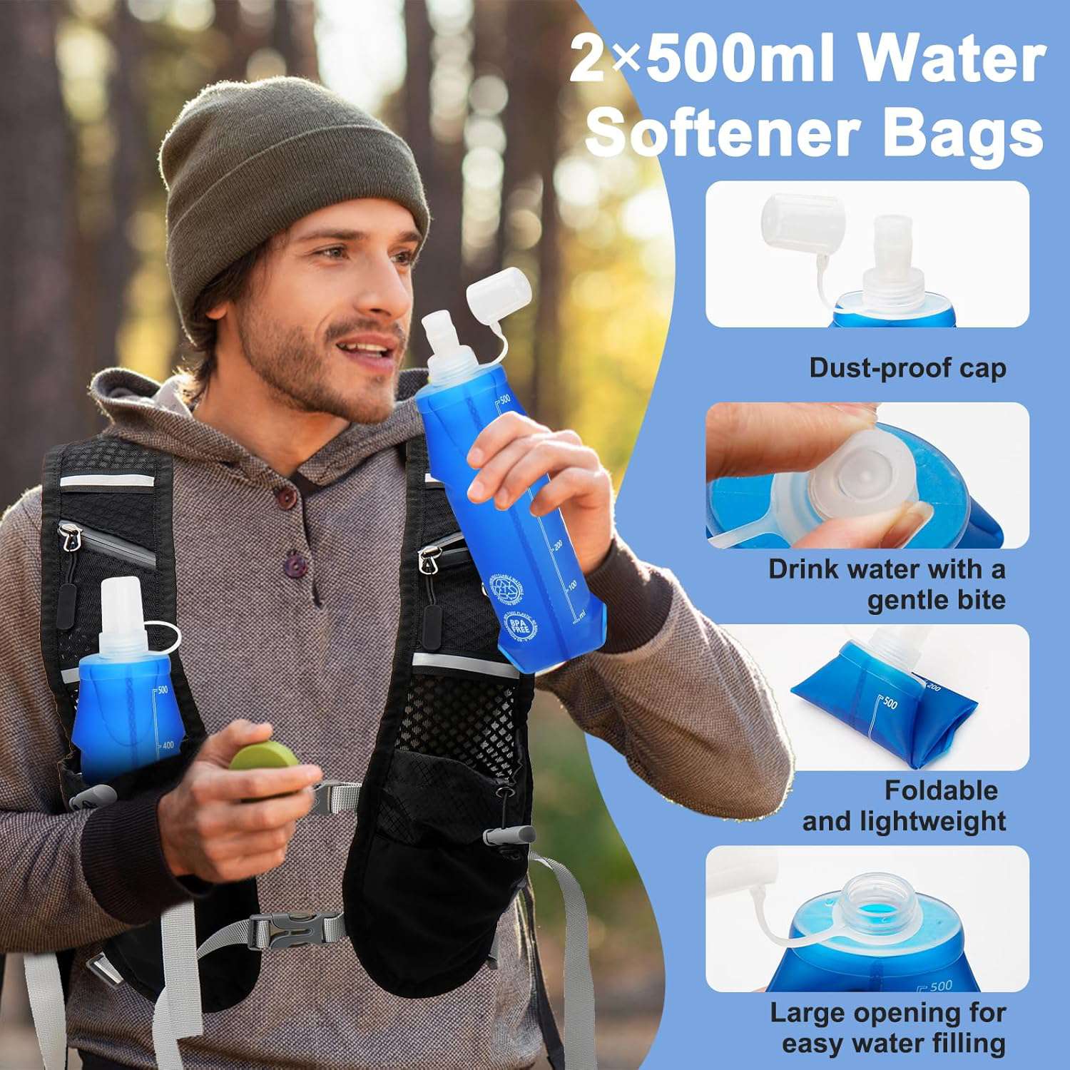 Hardloopvest voor dames en heren, met 2 soft flask van 500 ml, verstelbare rugzak, reflecterend, hydratatievest, trailrunning, ademend hardloopvest voor hardlopen, fietsen, marathons