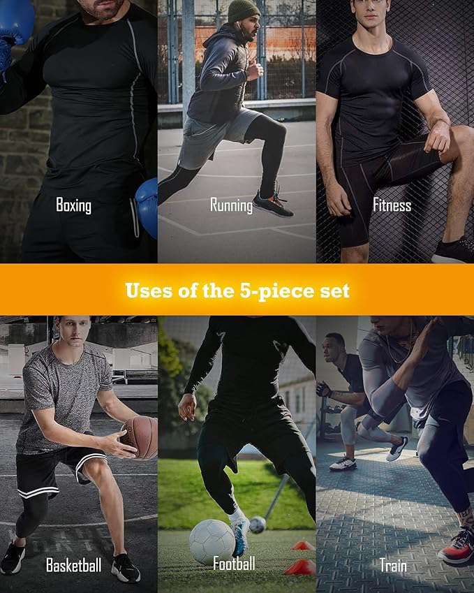 Trainingspak voor heren, Activewear, loopshirt, zweetpak, sportkleding, zweetpak, compressiebroek, fitness, gym, set van 5 stuks