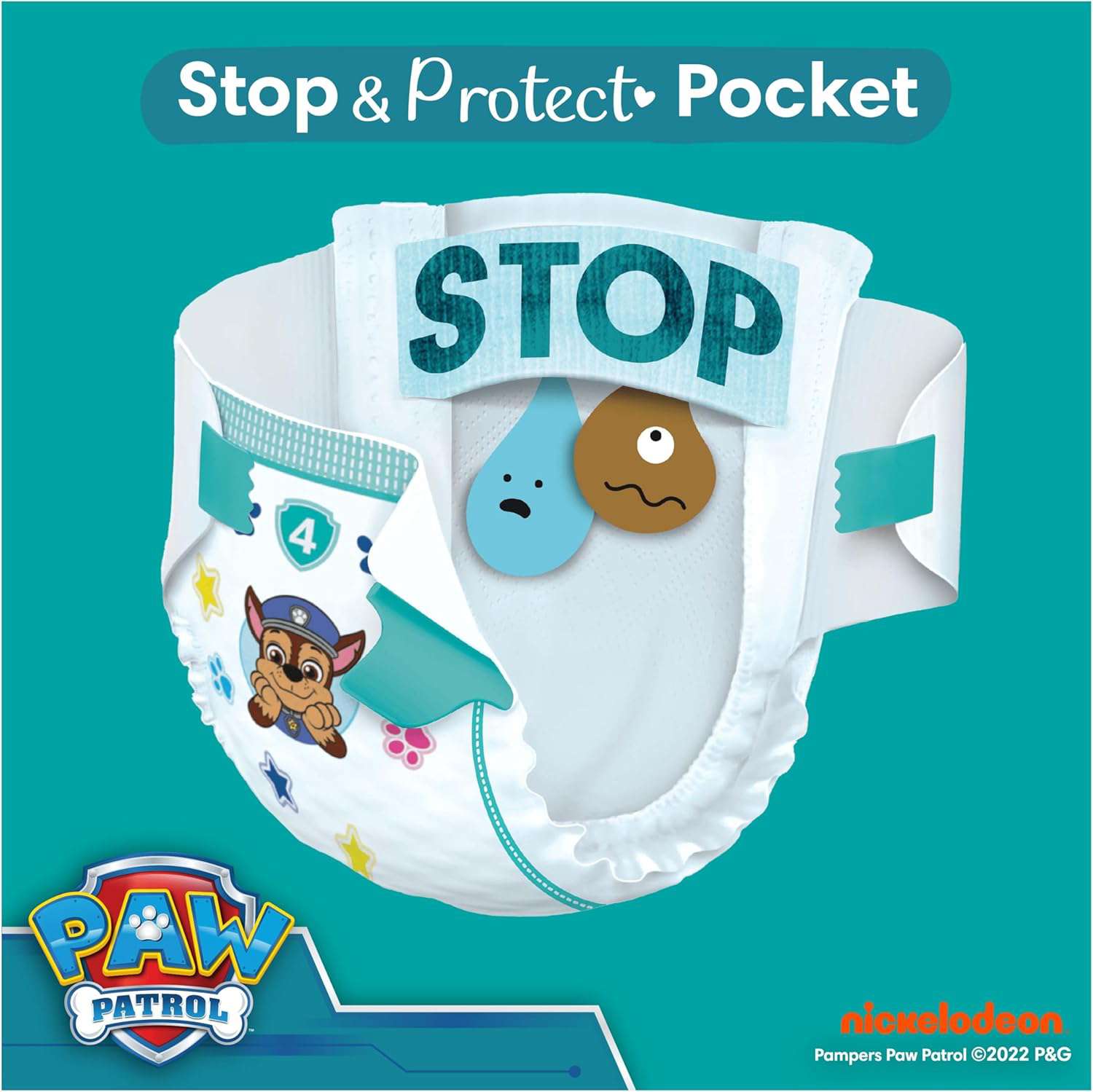 Pampers Baby-Dry Paw Patrol-editie Luiers, Maat 4, 222 Stuks, 9kg-14kg, Met Een Stop & Protect Pocket Om Lekken Aan De Achterkant Te Helpen Voorkomen, Maandbox