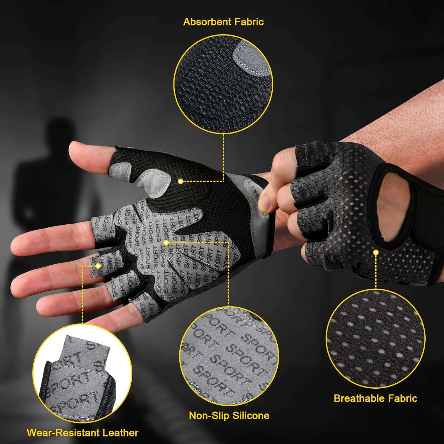 Gymhandschoenen, Ademende Trainingshandschoenen met Microvezelstof, Antislip Siliconen Gewatteerde Handpalmbescherming en Extra Grip, voor Heren en Dames, Gewichtheffen/Crossfit/Fietsen