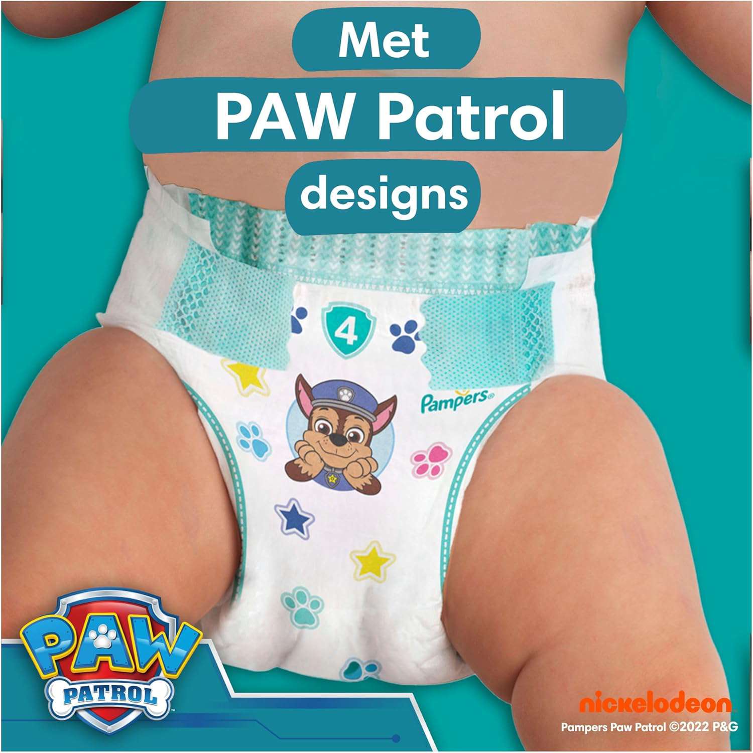 Pampers Baby-Dry Paw Patrol-editie Luiers, Maat 4, 222 Stuks, 9kg-14kg, Met Een Stop & Protect Pocket Om Lekken Aan De Achterkant Te Helpen Voorkomen, Maandbox