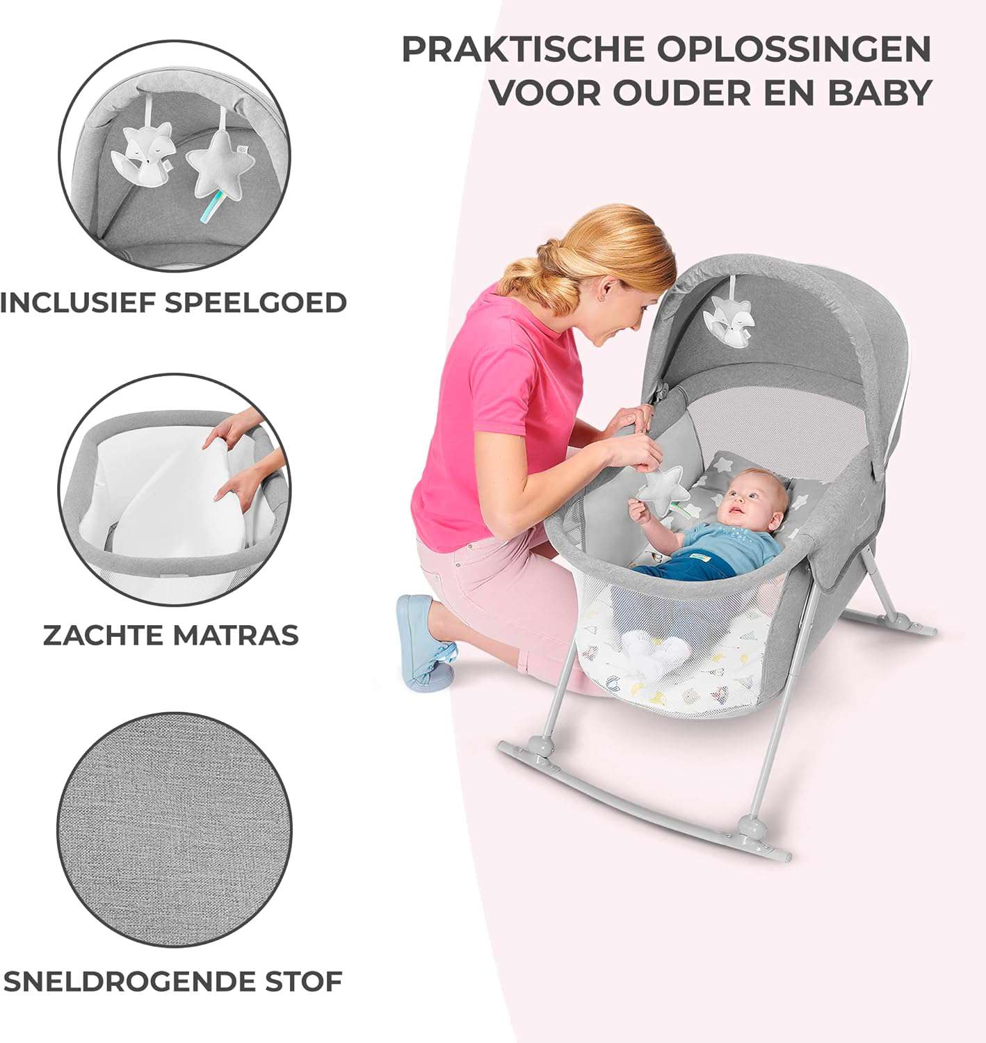 3-in-1 reisbed LOVI 3-in-1 reisbed, babybedje, wiegje, schommelwiegje, makkelijk in- en uitklappen, verstelbare zonnekap, met toebehoren, matrasje met verwijderbare hoes, Grijs