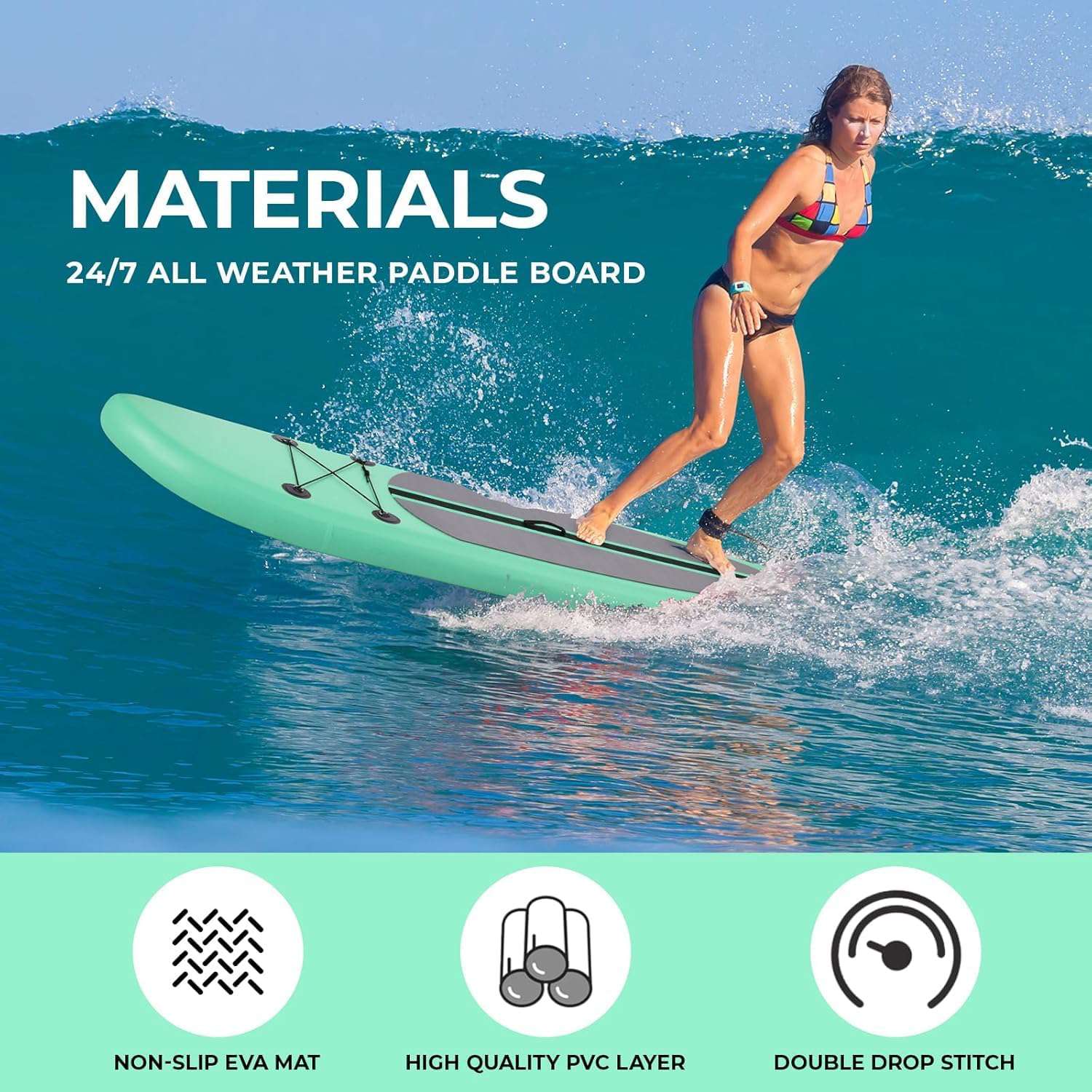 Stand Up Paddleboard, SUP opblaasbaar, standup, SUB met pomp, kajak bootstoel, vinnen, rugzak, dubbele peddel, voor watersport en peddelen, belastbaar tot 200 kg
