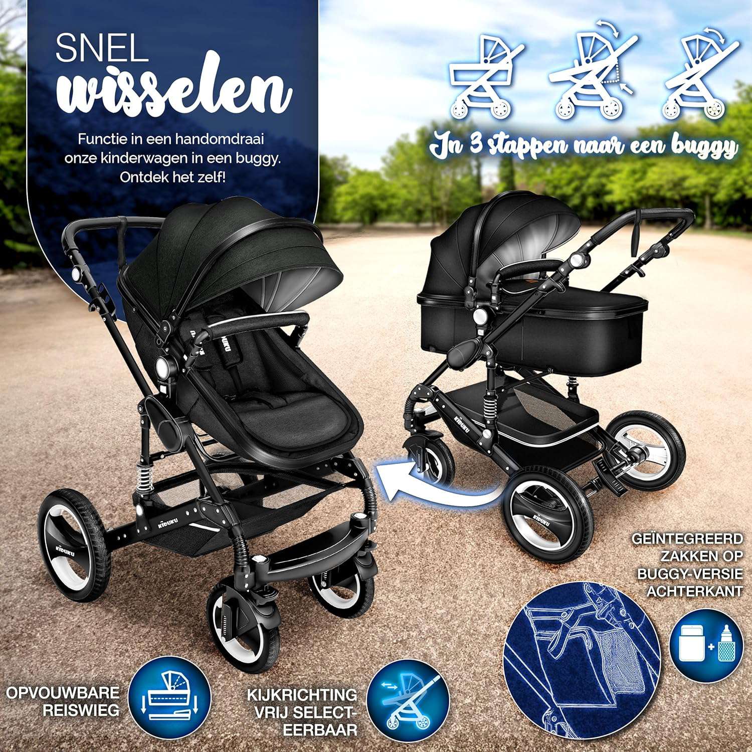 3 in 1 Kinderwagen Complete Set | Combi Wandelwagen Set incl. Reiswieg Buggy Car-Baby Shell Voetenzak | Volledig rubberen banden Luiertas Regenhoes Kindertafel