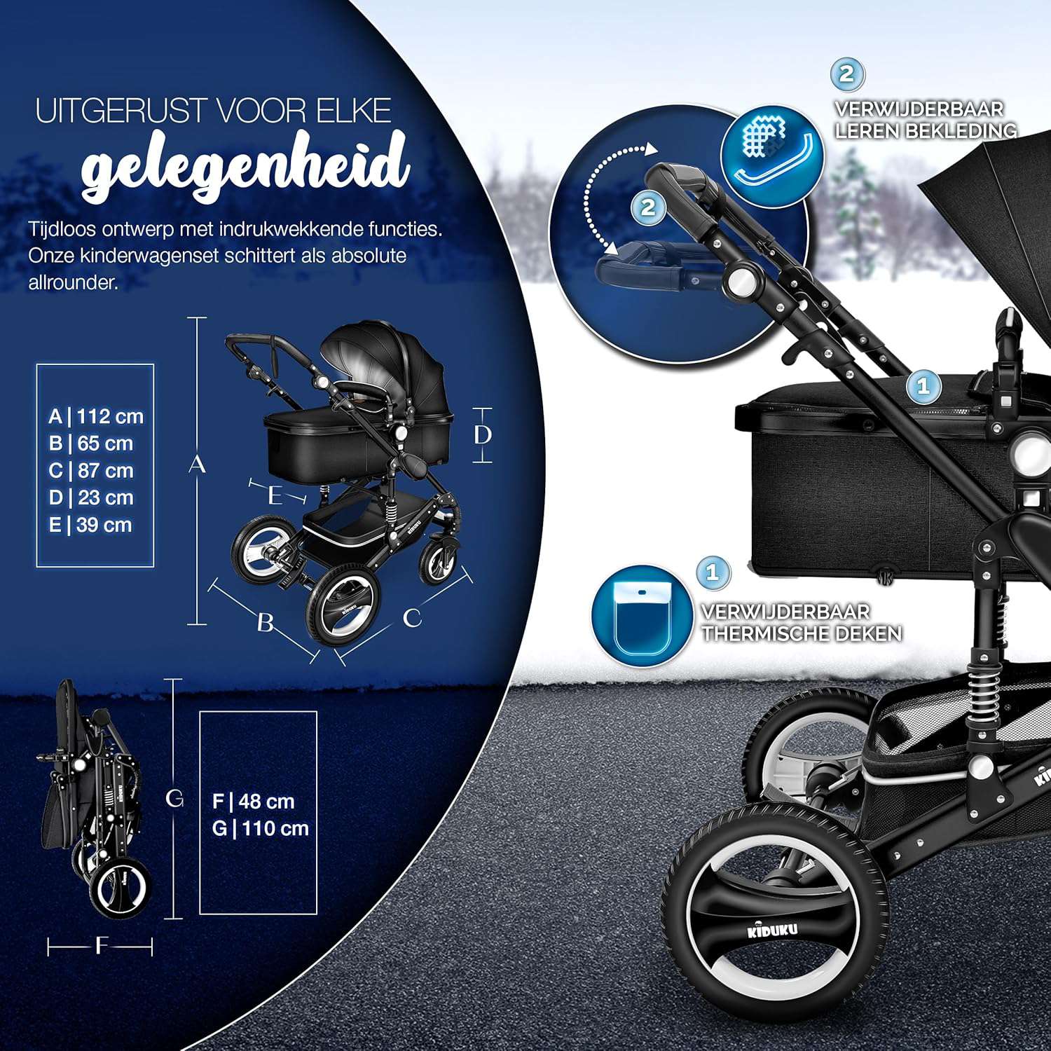 3 in 1 Kinderwagen Complete Set | Combi Wandelwagen Set incl. Reiswieg Buggy Car-Baby Shell Voetenzak | Volledig rubberen banden Luiertas Regenhoes Kindertafel