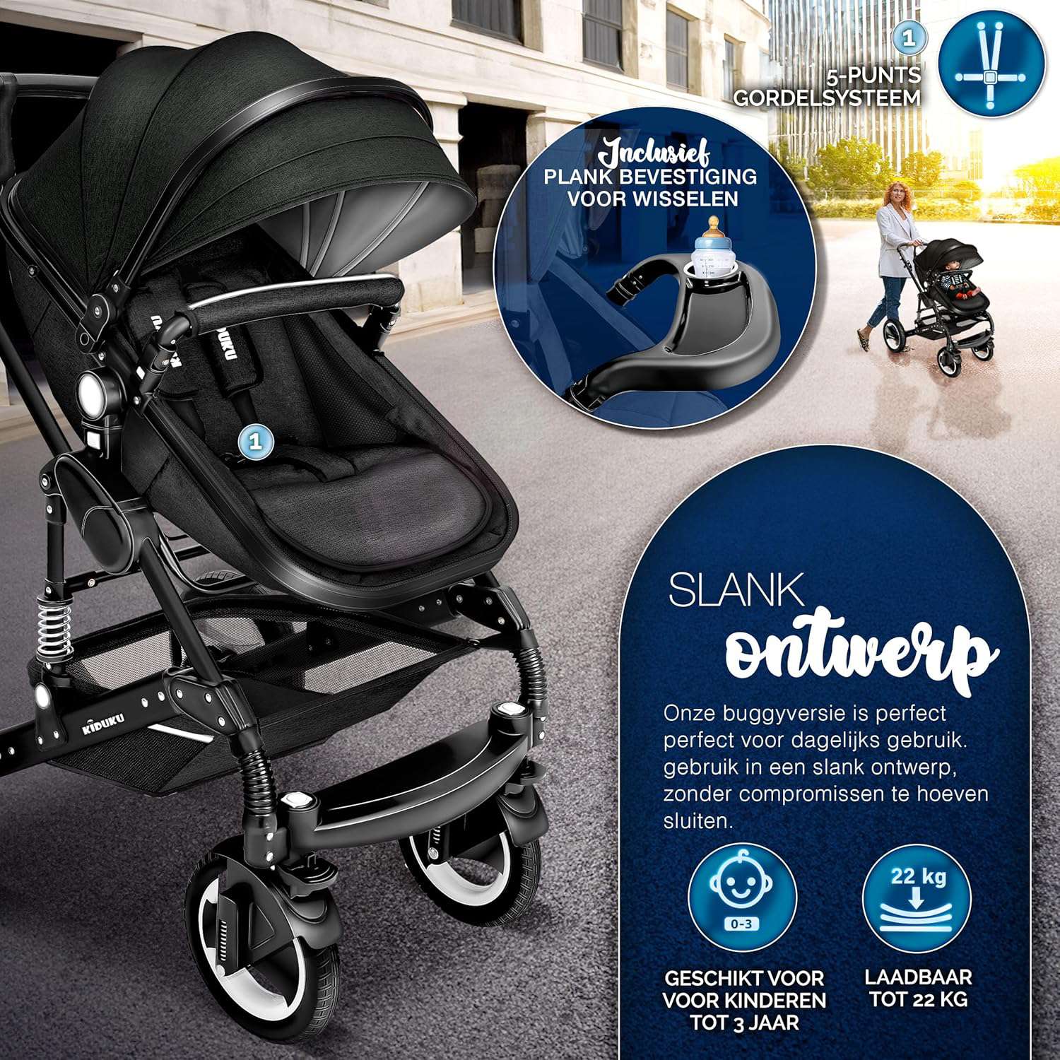 3 in 1 Kinderwagen Complete Set | Combi Wandelwagen Set incl. Reiswieg Buggy Car-Baby Shell Voetenzak | Volledig rubberen banden Luiertas Regenhoes Kindertafel